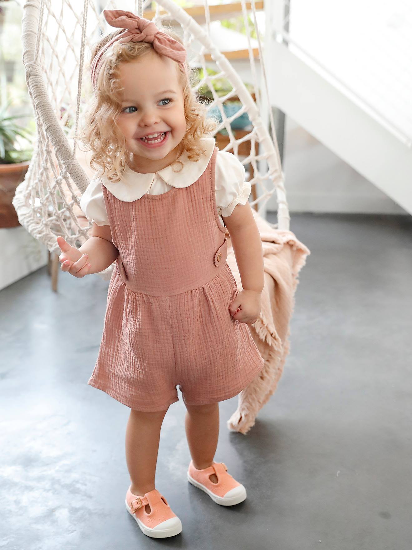Vertbaudet Mädchen Baby-Set: T-Shirt, Kurzoverall & Haarband, personalisierbar - altrosa