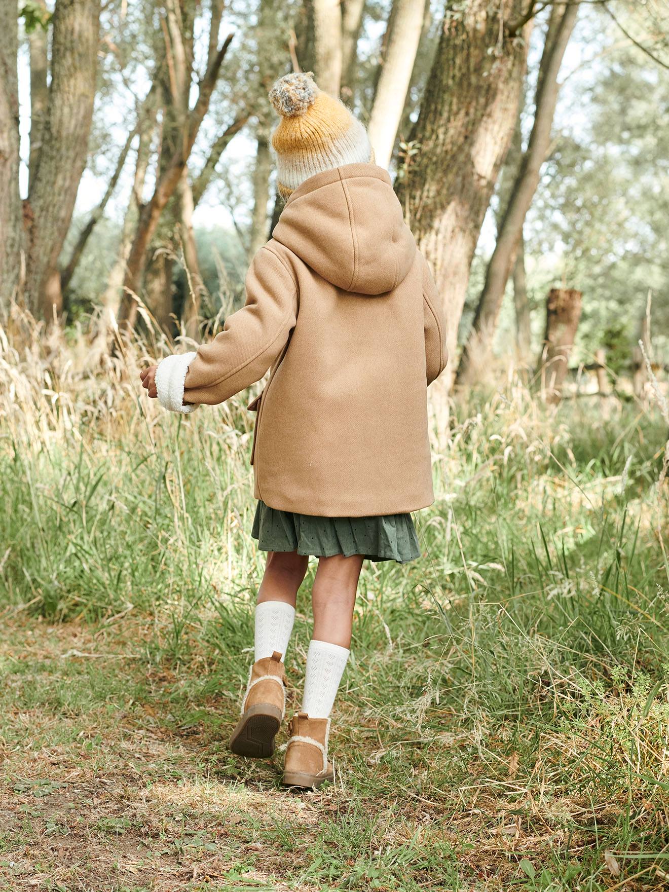 Manteau à capuche en drap de laine fille doublé sherpa chamois