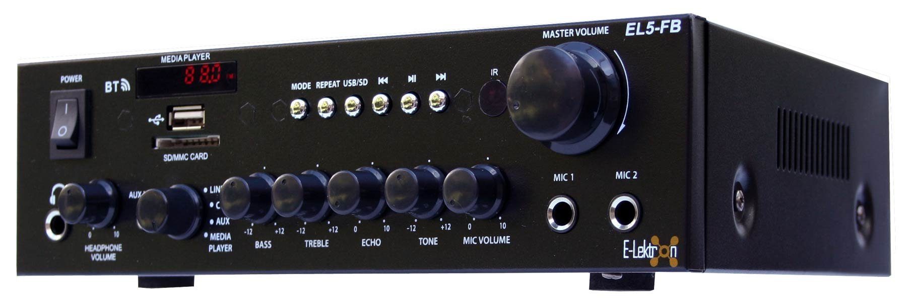 E-Lektron EL5-FB Audioverstärker (Anzahl Kanäle: 2, 35,00 W, FM-Radio, Bluetooth-Empfänger, USB/SD Media-Player, Fernbedienung, Kopfhörerbuchse, Karaoke-Funktion)