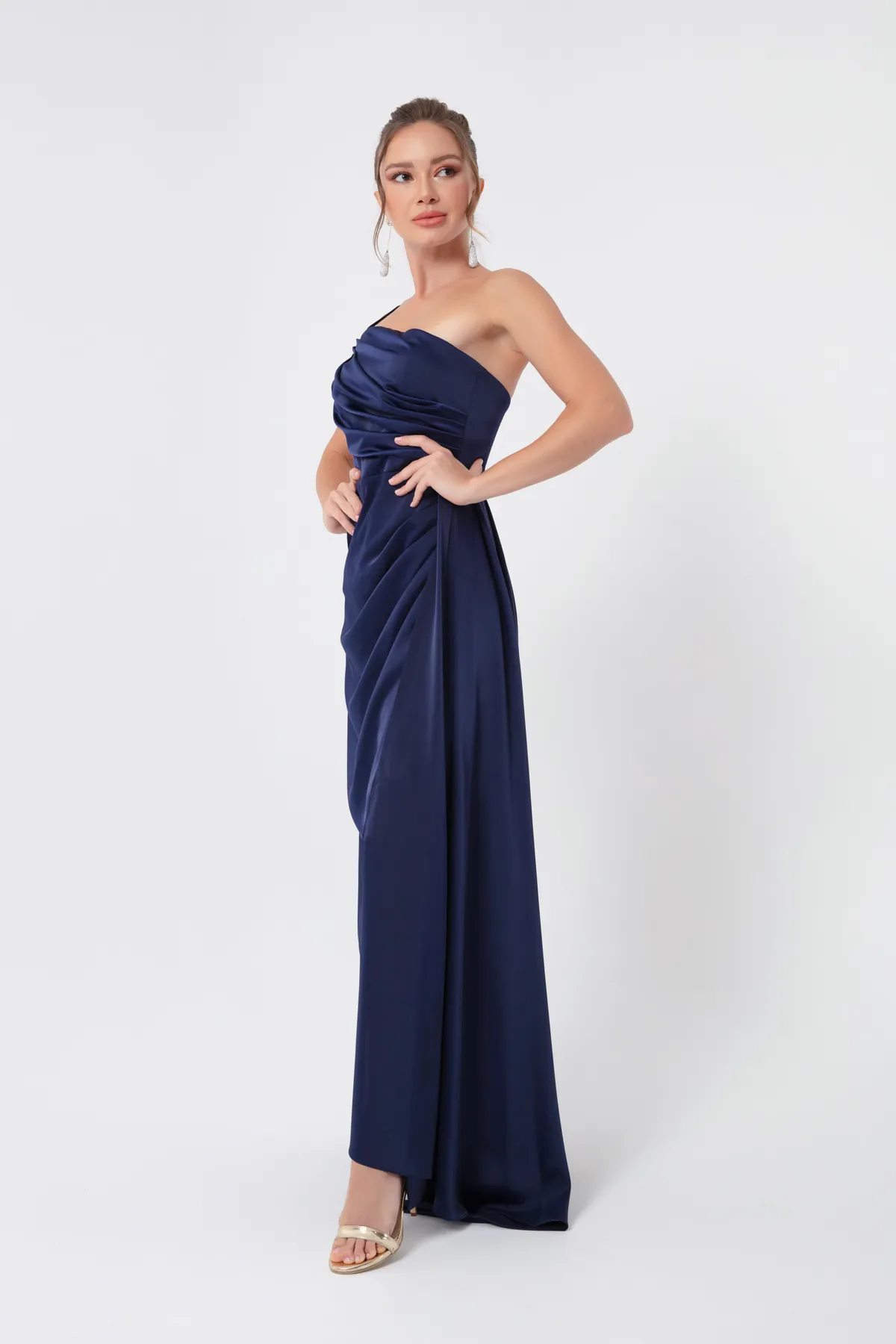 Lafaba  Marineblaues One-Shoulder-Abend- und Abschlusskleid aus Satin für Damen