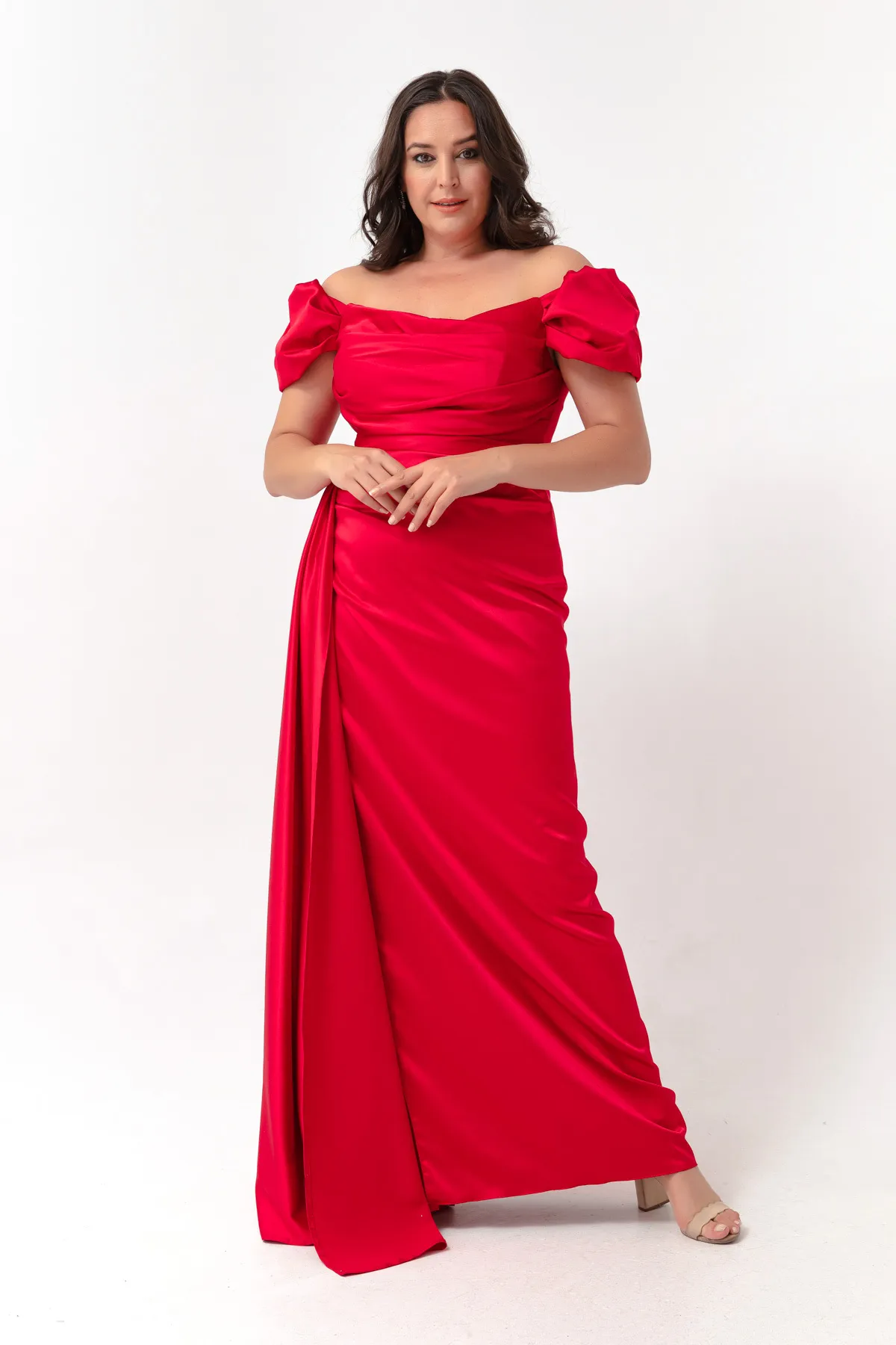 Lafaba  Rotes Abendkleid und Abschlusskleid aus Satin mit U-Boot-Ausschnitt für Damen