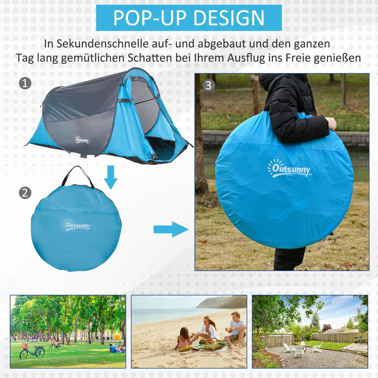 Outsunny Pop up Zelt für 1-2 Personen Campingzelt für 3 Jahreszeiten Blau Grau 220 x 108 x 110 cm