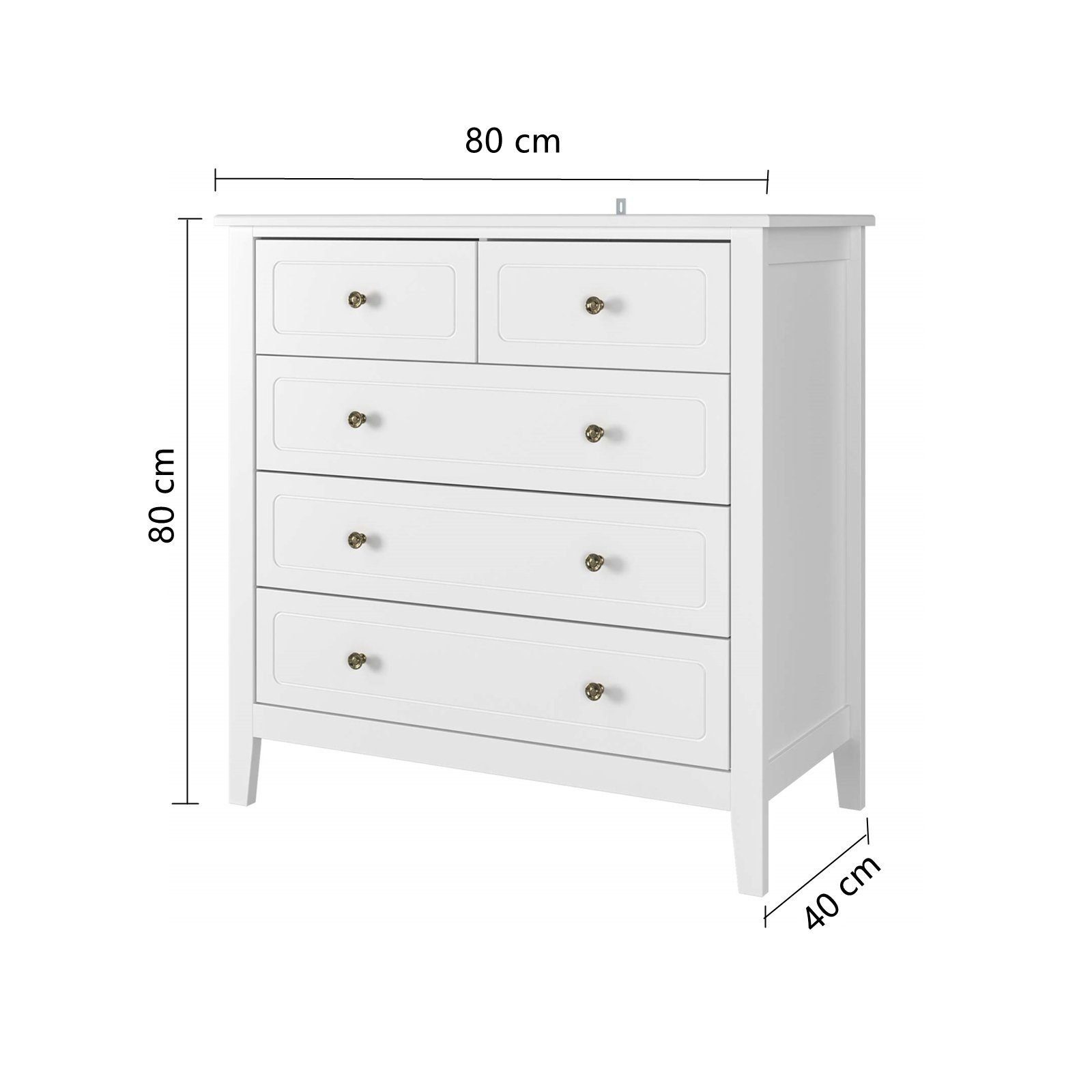 Homfa Kommode, Sideboard mit 5 Schubladen, Metallgriffe, weiß, 80x40x80cm