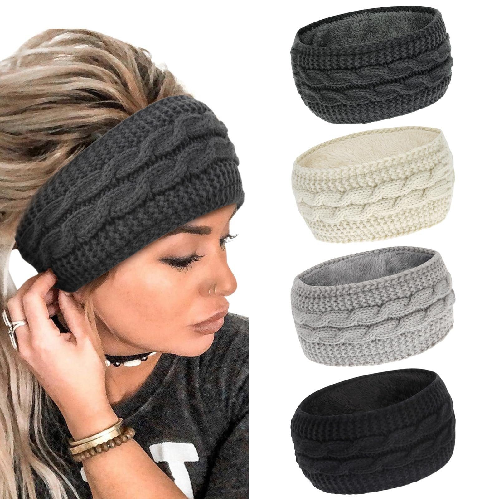 YYV Haarband Winter Stirnband Damen Strick Ohrenwärmer Haarband Haarreifen Mädchen, 4-tlg., Elastische Plüsch Skifahren, Geknotet Gestrickt Stirnbänder Verdicken Frauen Haarbänder Häkelarbeit