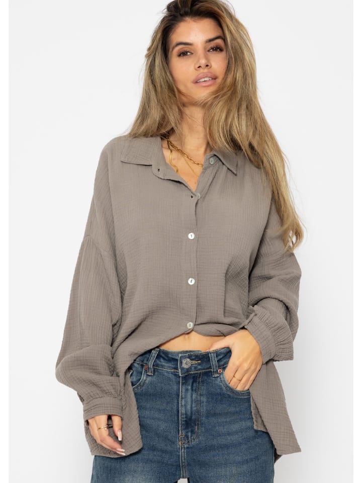 SASSYCLASSY Musselin Bluse im Regular Fit in Taupe günstig kaufen