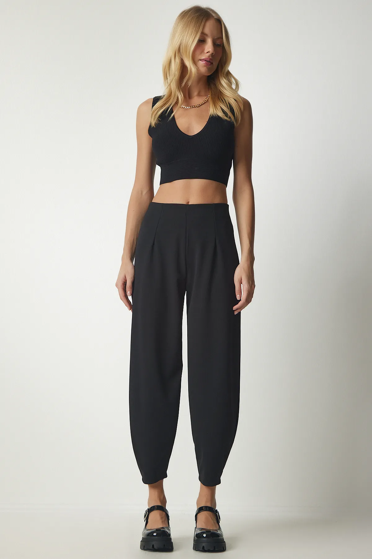 Happiness İstanbul  Schwarze bequeme gewebte Shalwar-Hose für Damen MS00014