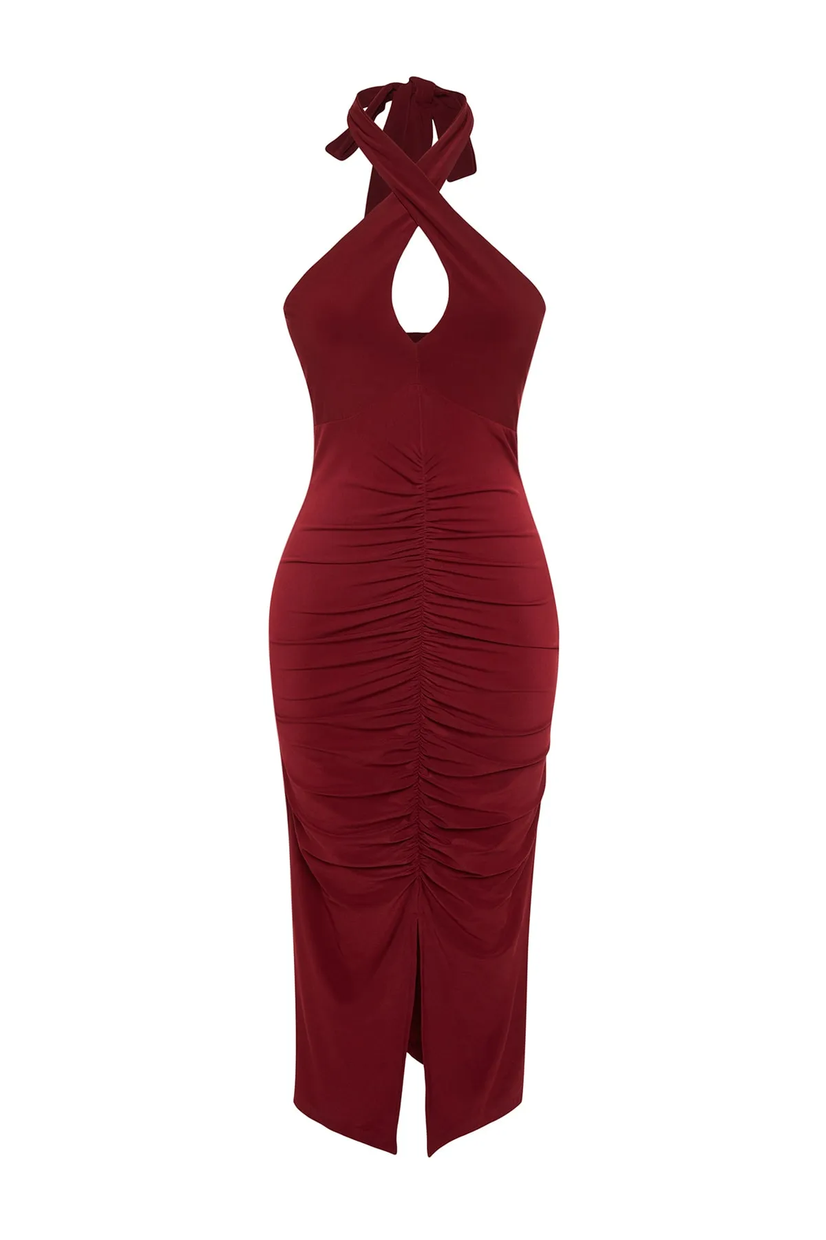 Trendyol Collection  Burgunderrotes, drapiertes Neckholder-Midi-Bleistiftkleid aus Strick TWOSS23EL02370