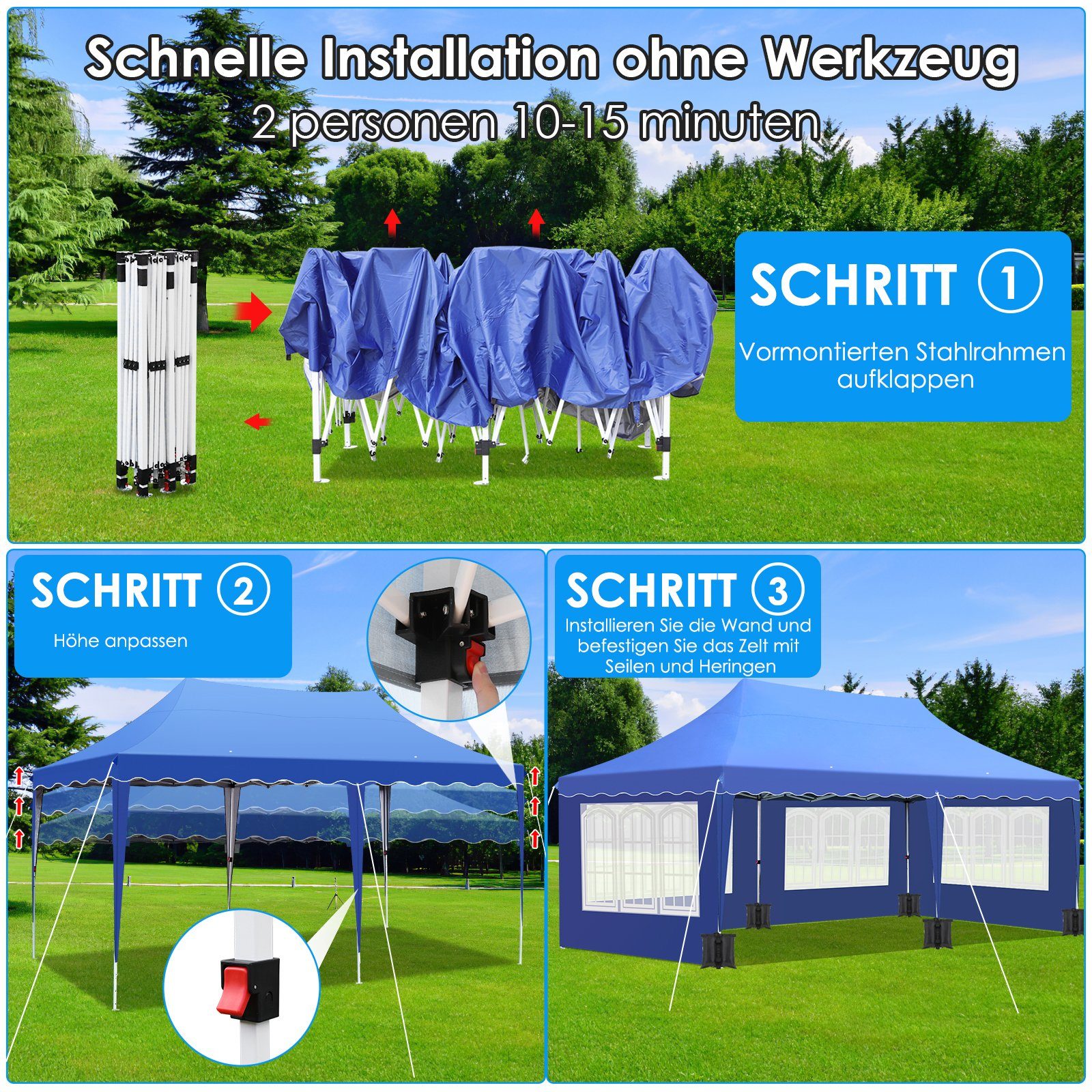 TLGREEN Pavillon Faltpavillon 3x6M, mit 4 Seitenwänden, Partyzelt UV Schutz 50+