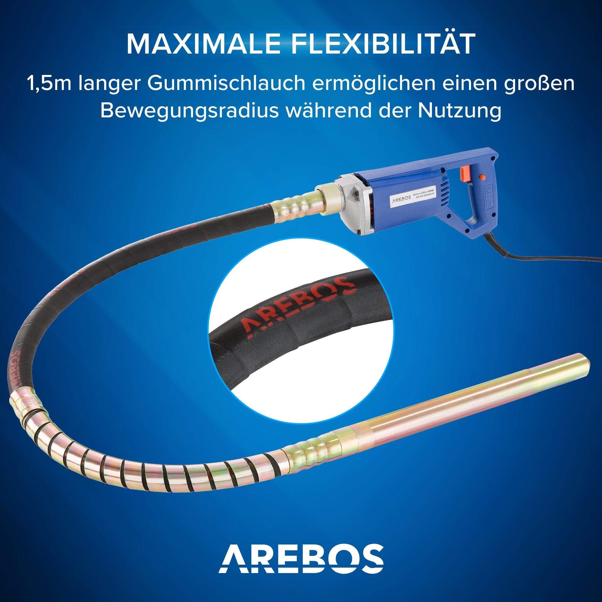 Arebos Innenrüttler Betonrüttler, verschiedene Watt und Schlauchlängen, 800 in W, Taste für den Dauerbetrieb