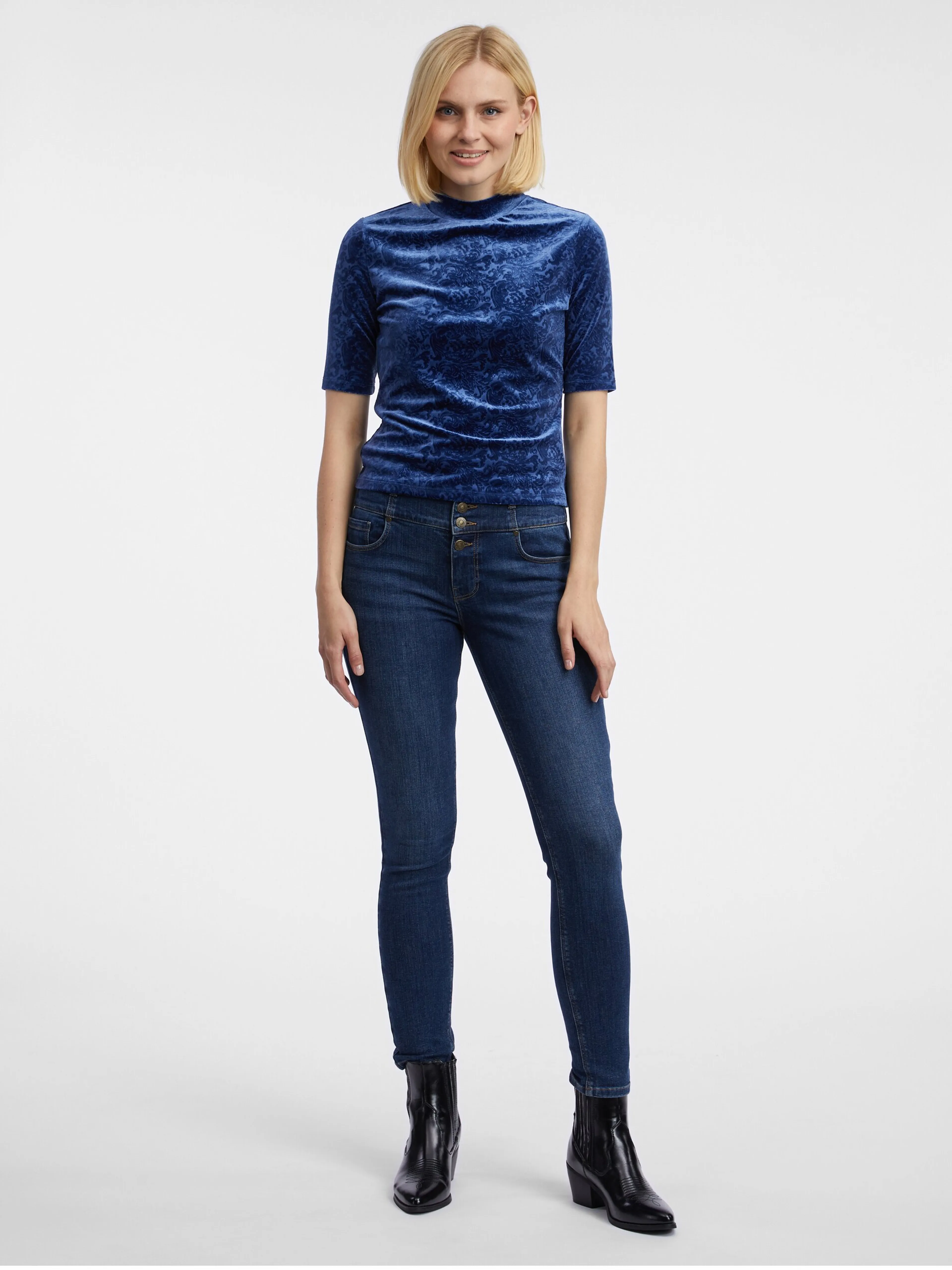 Dunkelblaues gemustertes Damen-Samt-Top ORSAY