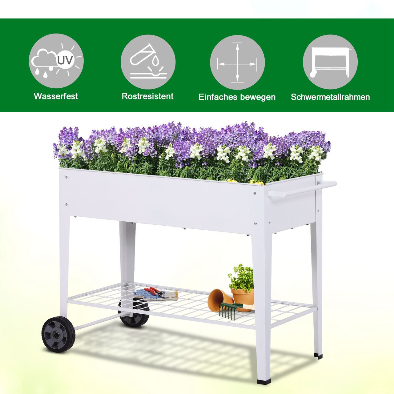 Outsunny Hochbeet Mobiler Pflanzenwagen mit Stauraum Pflanzenbeet mit 2 Rollen Metall Weiß 107,5 x 50 x 80 cm