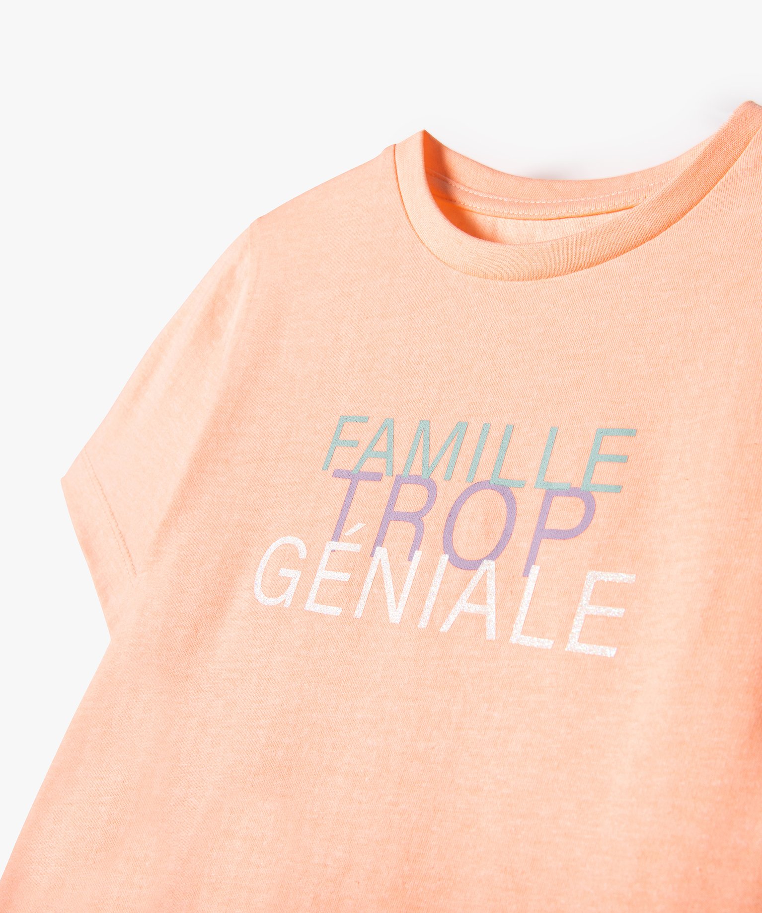 Tee-shirt fille à manches courtes avec inscription pailletée orange | GEMO
