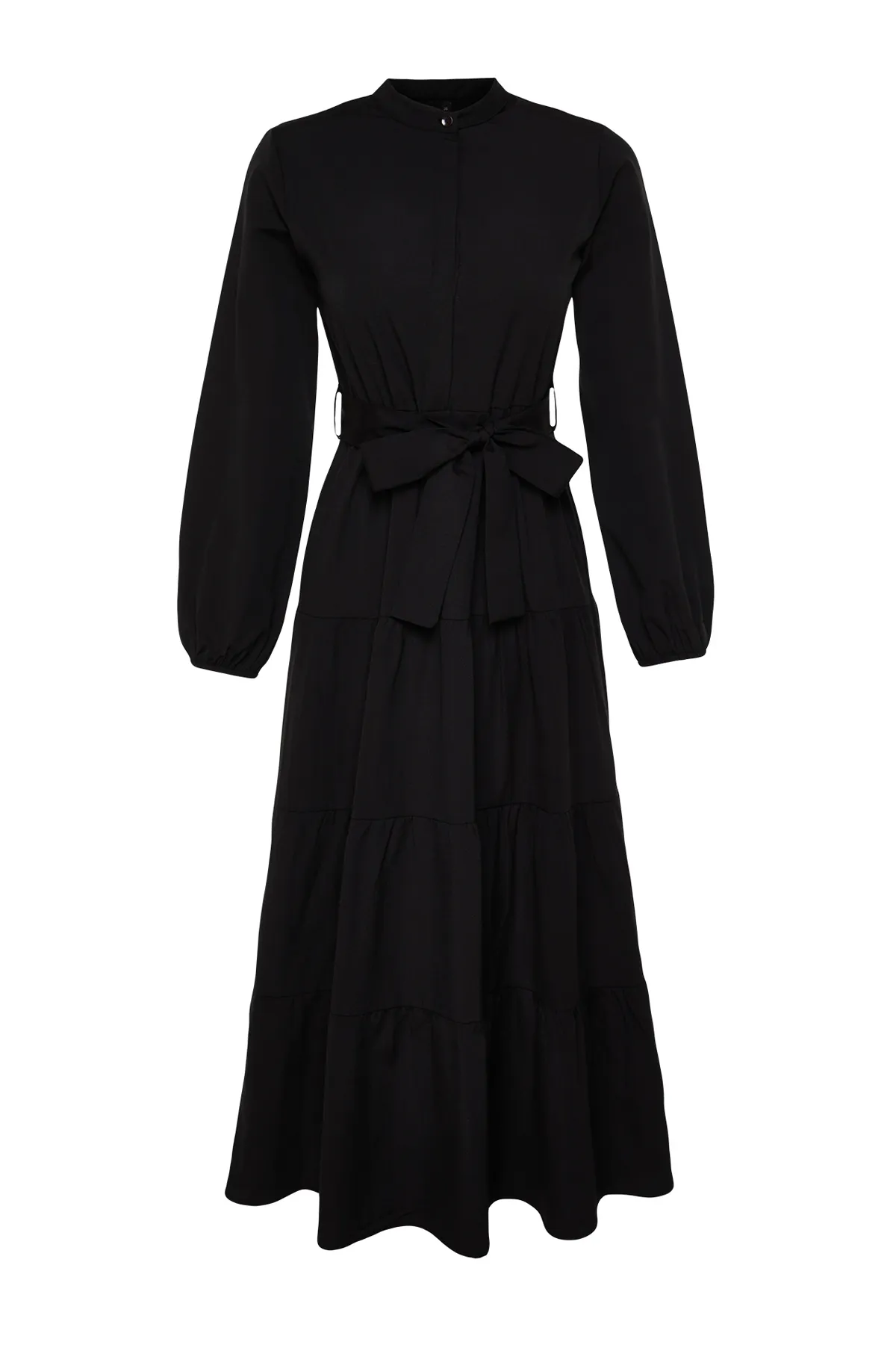 Trendyol Modest  Schwarzes gewebtes Kleid mit Gürtel, Chief-Kragen und Knopfdetail TCTSS21EL3343