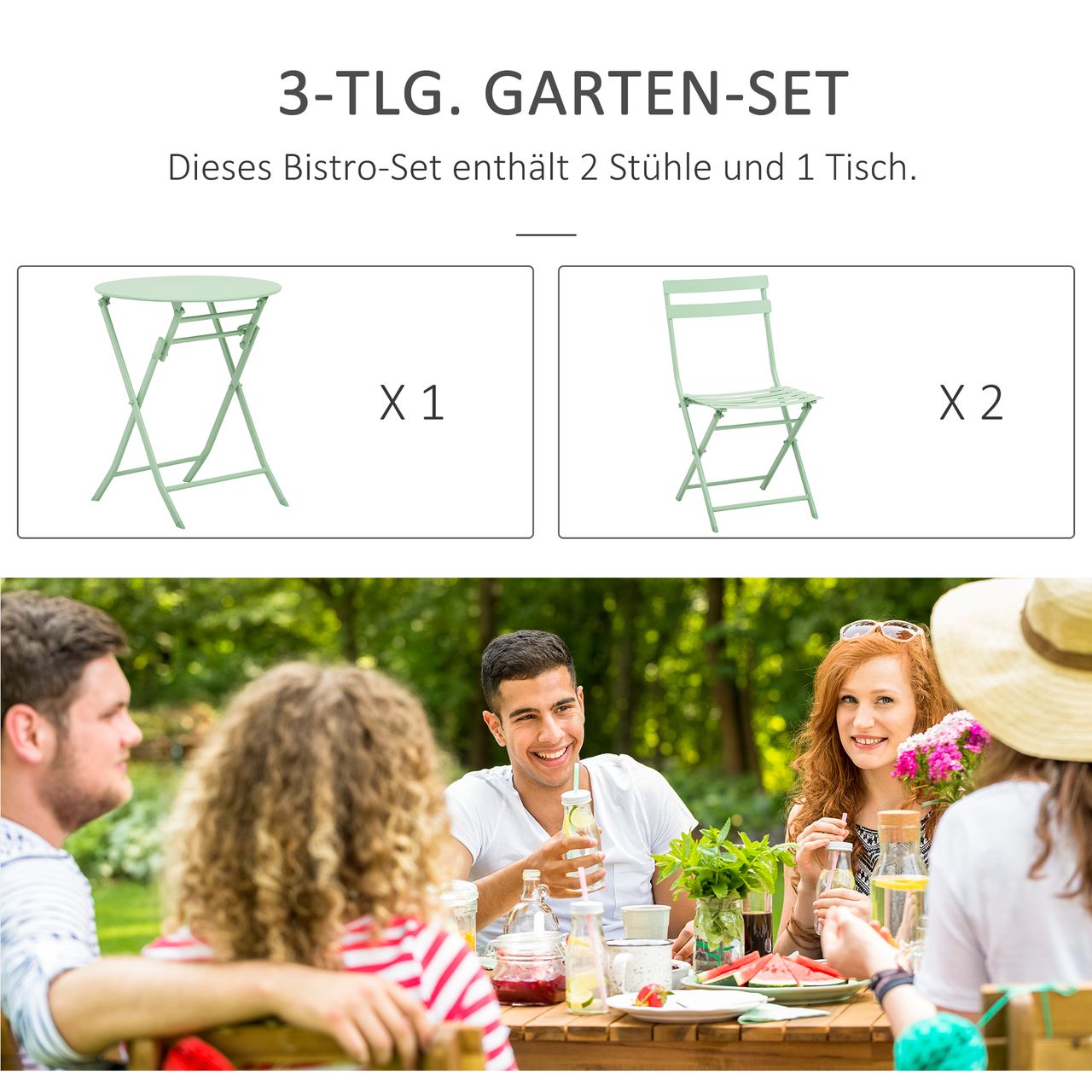 Outsunny 3-tlg. Gartenset Garnitur Bistrotisch mit 2 Stühlen für Hof Garten klappbar Grün