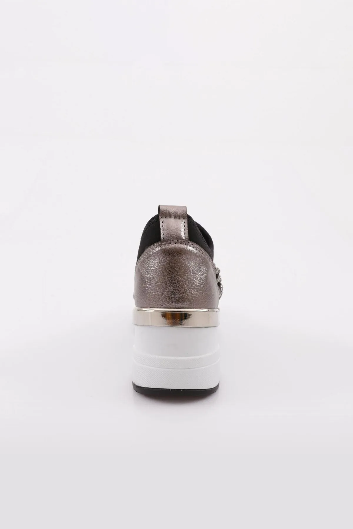DGN  Schwarze Platin-Sneakers für Damen Modell 0112 – Dicke Sohle mit silbernen Steinen und floralem Detail