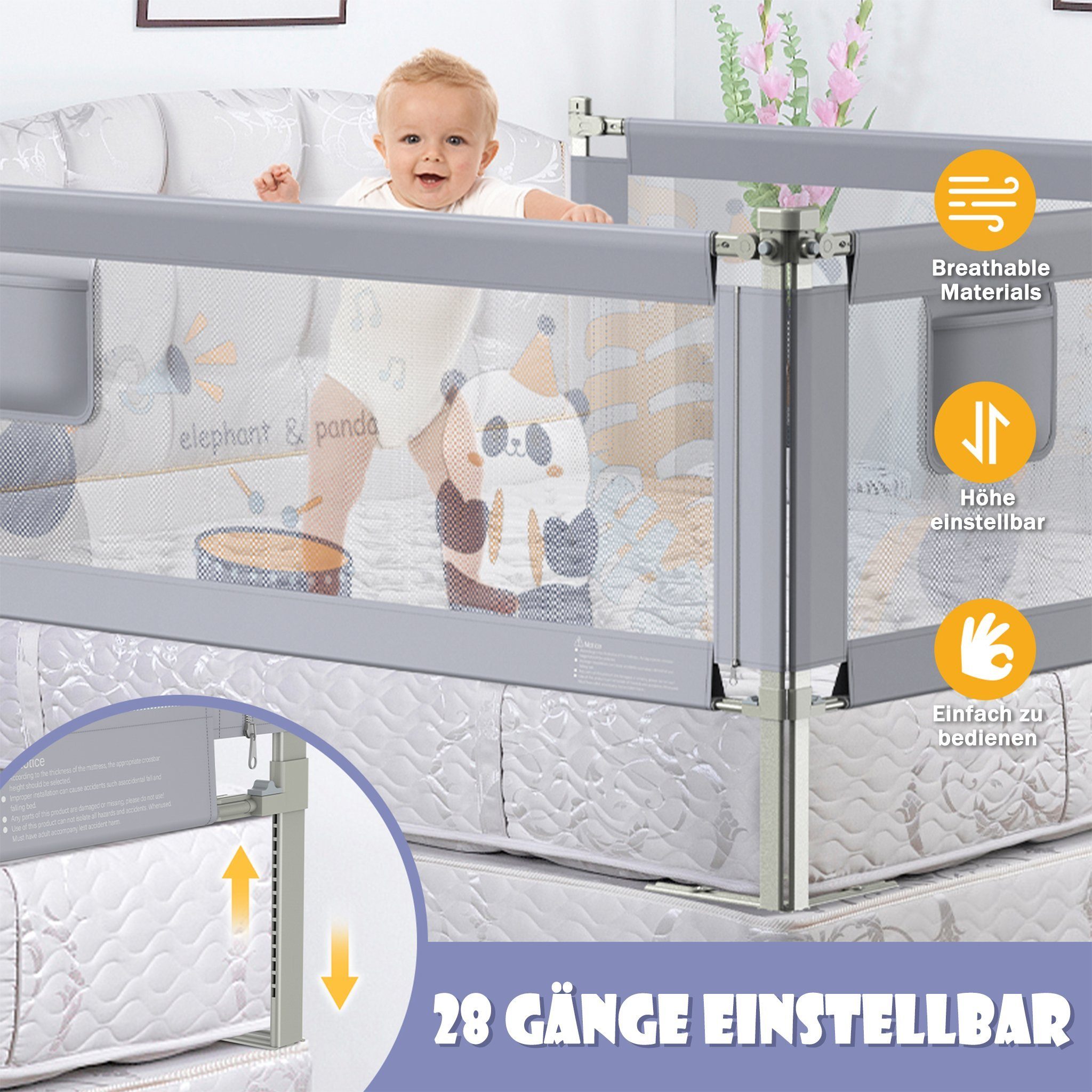 UISEBRT Bettschutzgitter Bettgitter Rausfallschutz Babybettgitter 150/180/200cm
