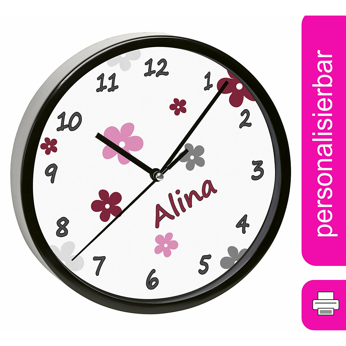 Kinder Wanduhr laufruhig personalisiert mit Name Blumen Brombeere Grau