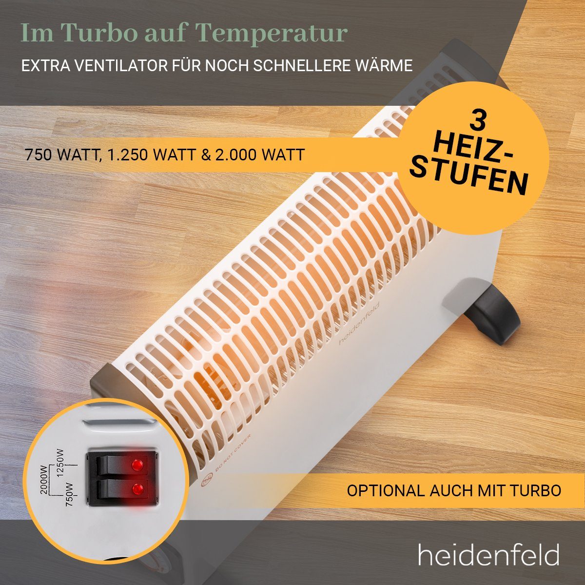 Heidenfeld Heizlüfter Konvektor Elektroheizung HL200 3 Jahre Garantie 3 Heizstufen, 2000 W, Mobil Energiesparend Heizung elektro Heizstrahler Konvektorheizung