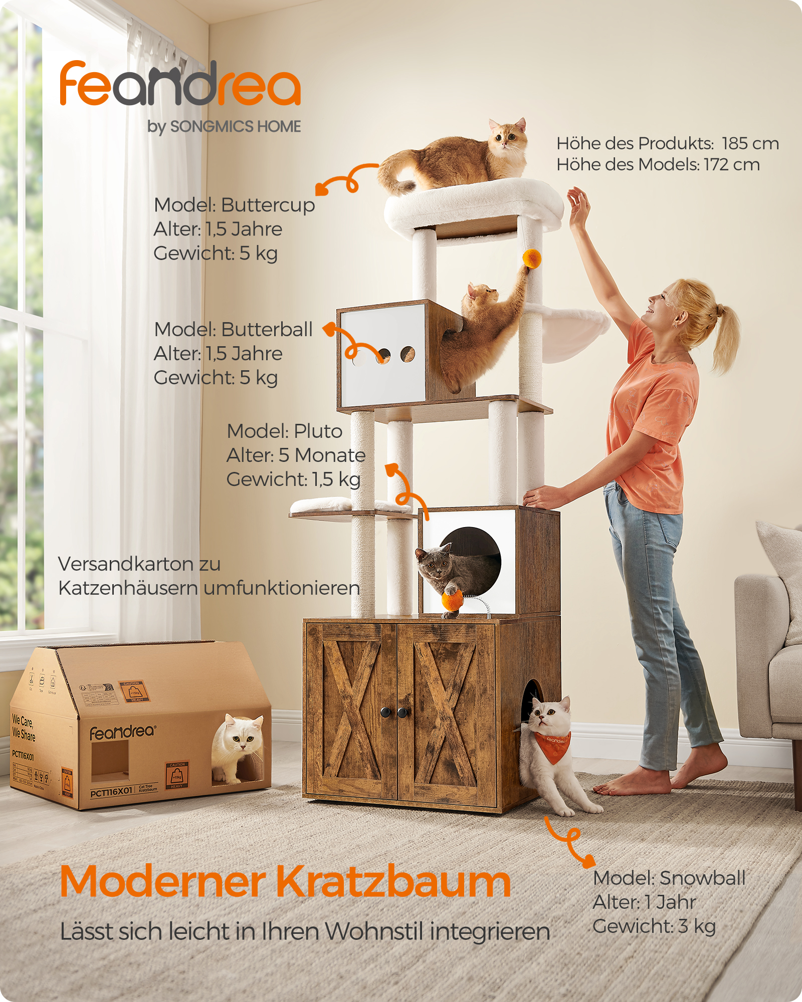 FEANDREA Kratzbäume FEANDREA Kratzbaum 185cm mit Katzenklo-Schrank vintagebraun braun