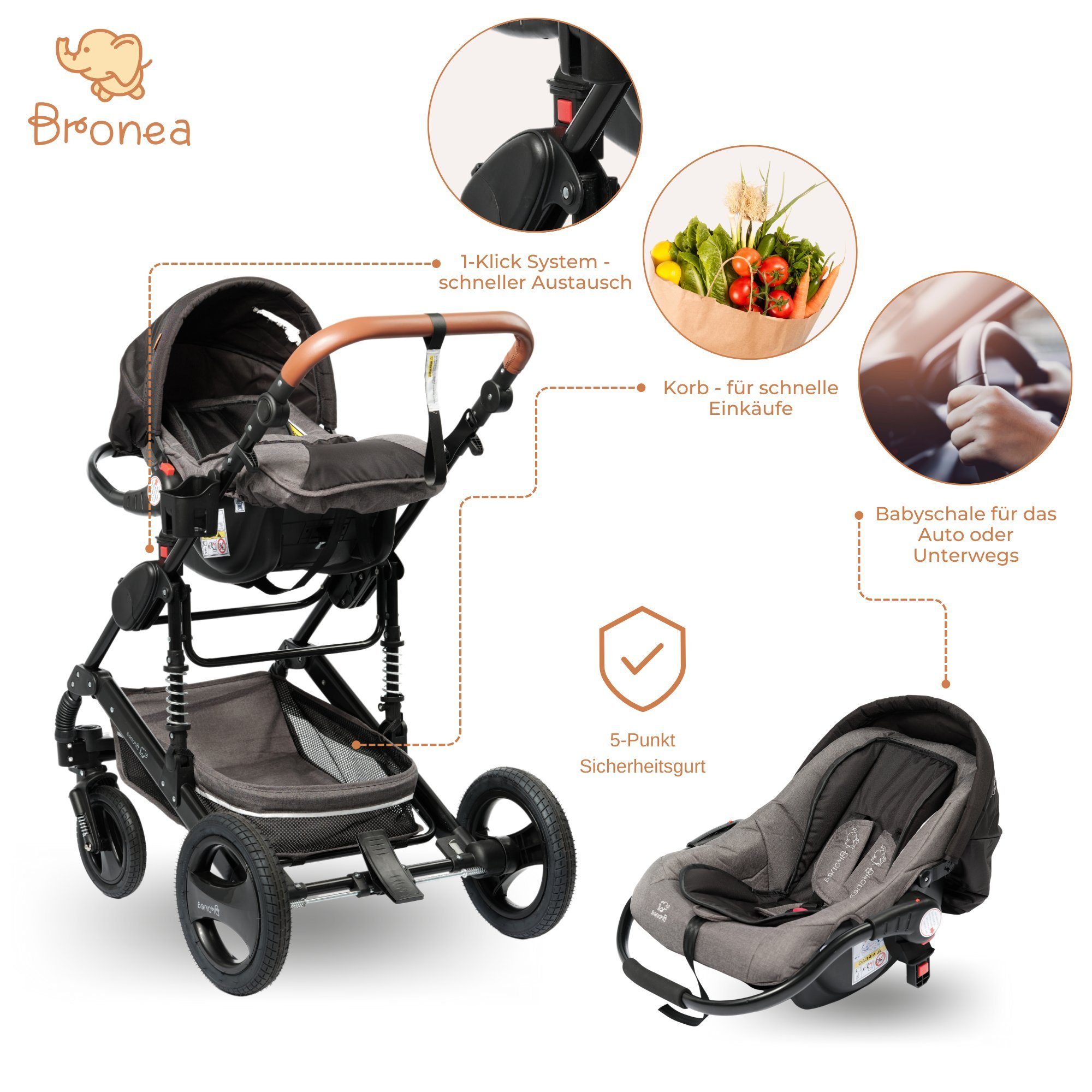 Bronea Kombi-Kinderwagen 3 in 1 Kinderwagen Set mit ISOFIX Station & Zubehör - Auto-Babyschale, (10, 10-tlg), große Räder - leicht klappbar - verstellbarer Fahrtrichtung - 0-25kg