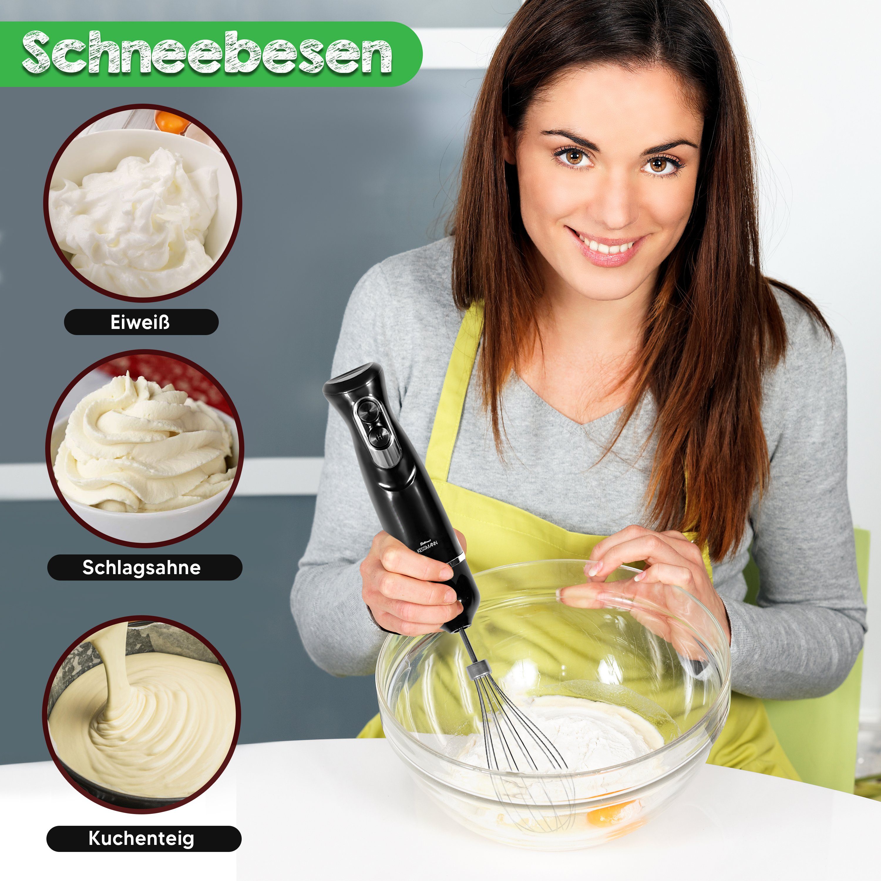 KESSMANN Schäfer Stabmixer Set mit Pürierbecher Zerkleinerer & Schneebeesen 5Tlg Edelstahl Mixer, 600,00 W, Elektrischer Smoothie Maker Handmixer Rührstab Milchshake Blender