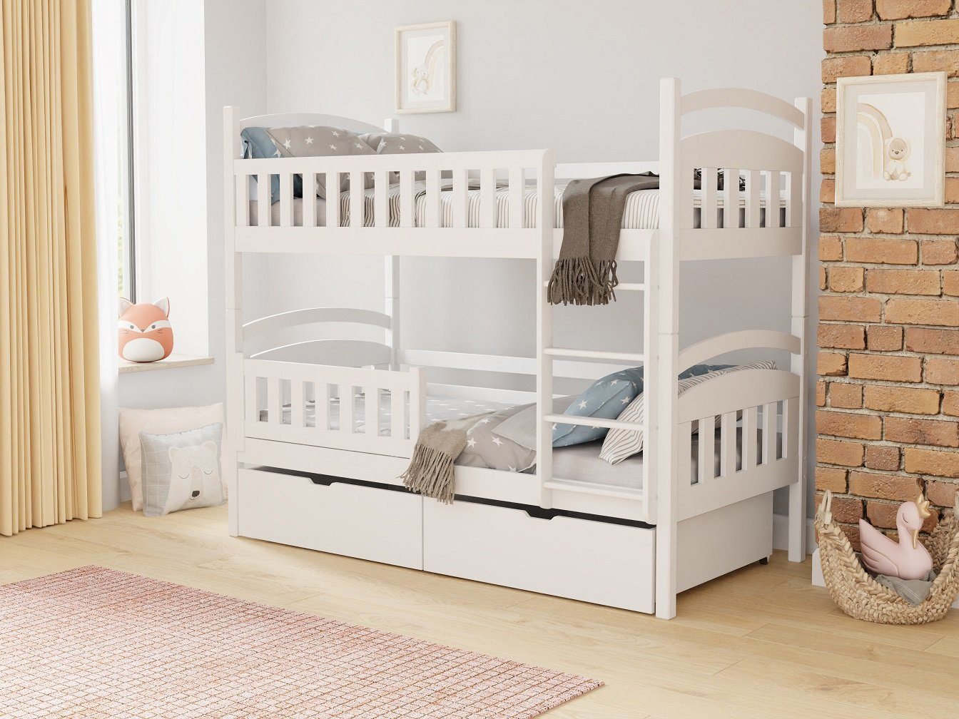 Deine Möbel 24 Etagenbett Hochbett Kinderbett für 2 Kinder EMMA 80x180 90x200 Weiß (mit abnehmbarem Rausfallschutz, 2 Schubladen, in 2 Betten umbaubar), wahlweise mit Matratzen, aus Massivholz Vollholz, incl. Lattenrost