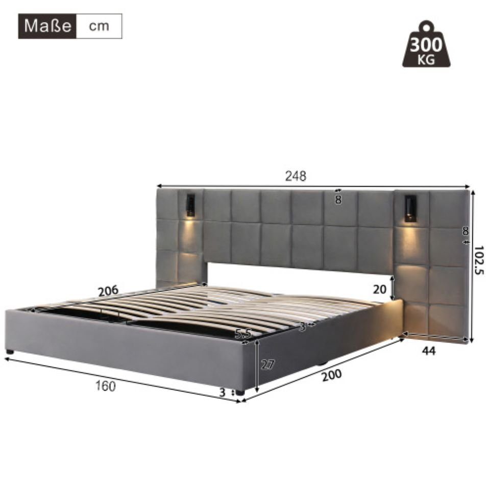 Flieks Polsterbett, Stauraumbett Leselicht & USB-Anschluss 160x200cm Samt ohne Nachttisch
