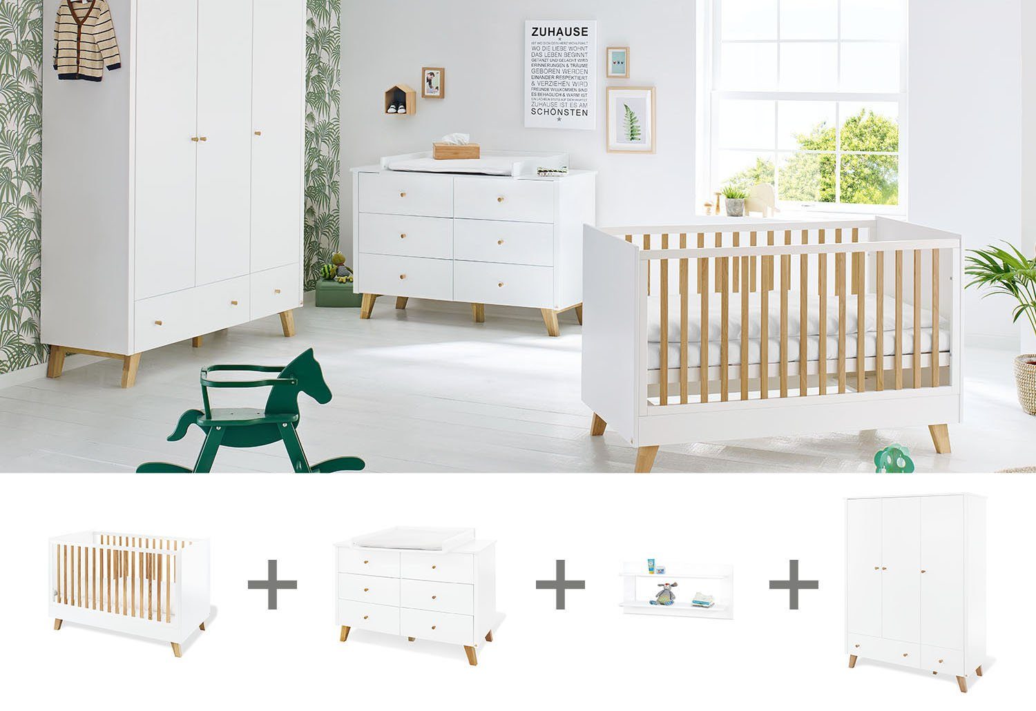 Pinolino® Babyzimmer-Komplettset Pan, (Set, 4-St., Kinderbett, Wickelkommode, Schrank, Wandregal), extrabreit groß; mit Kinderbett, Wickelkommode, Schrank und Wandregal