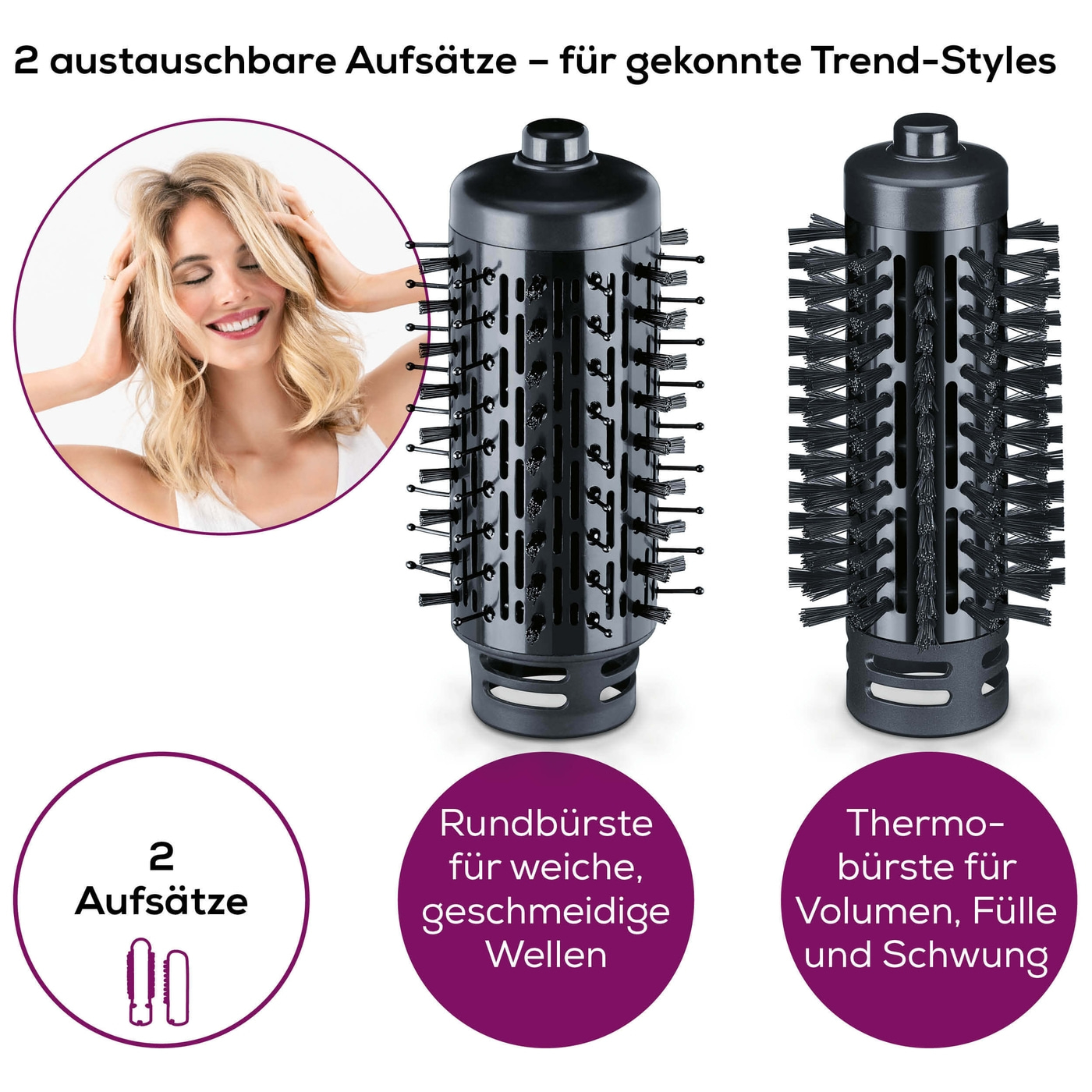 Beurer Rotierende Warmluftbürste - HT 80-Rotierende Ionen Föhnbürste mit 2 Aufsätzen für Volumen, Schwung & Locken