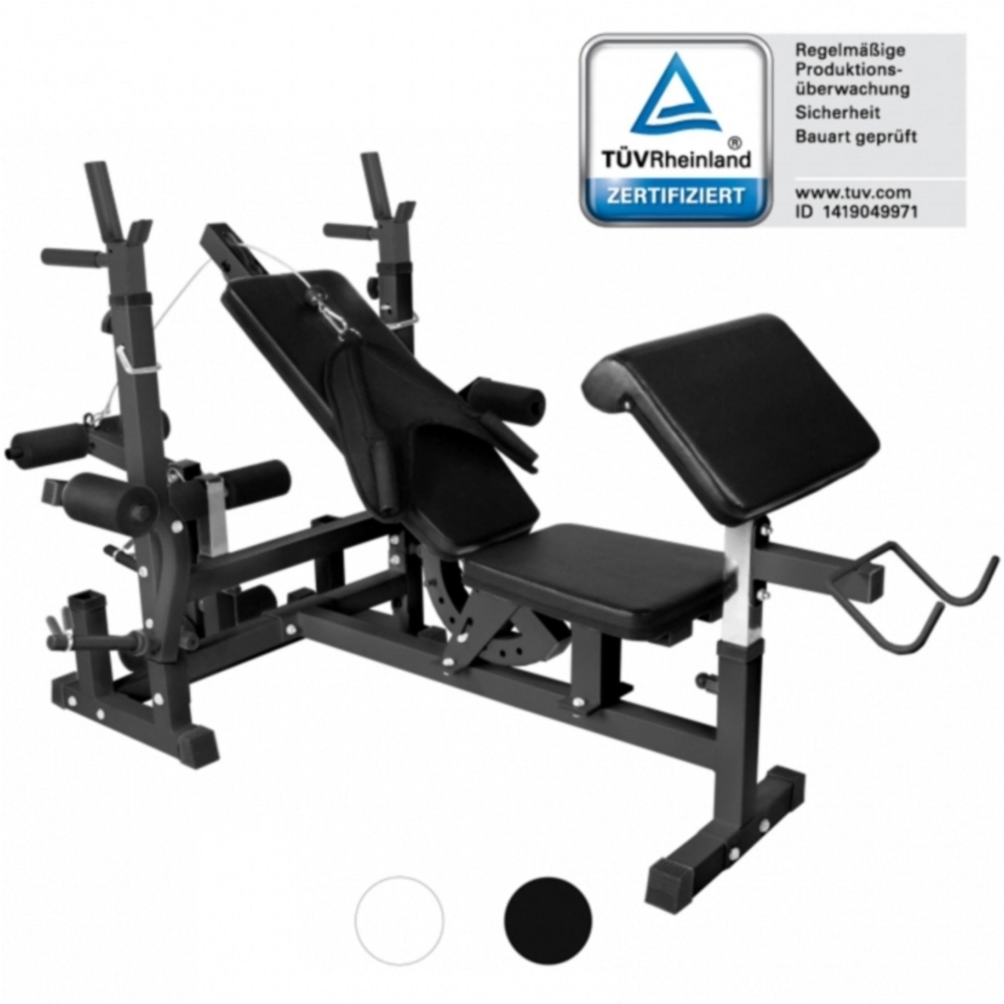 GORILLA SPORTS Kraftstation Hantelbank mit verstellbare Hantelablage, Beincurler, 100 kg Hantelset
