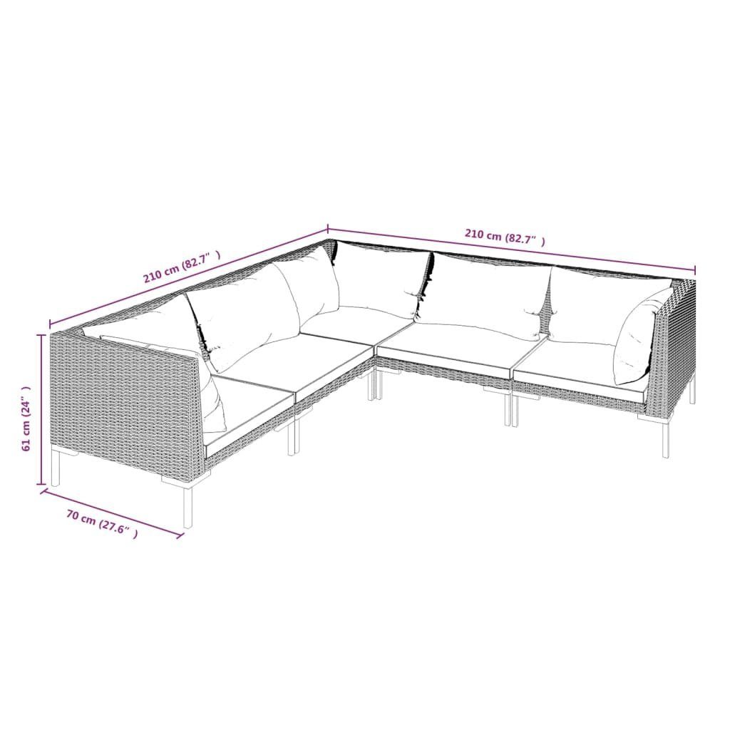 vidaXL Gartenlounge-Set 5-tlg. Garten-Lounge-Set mit Auflagen Poly Rattan Dunkelgrau, (1-tlg)