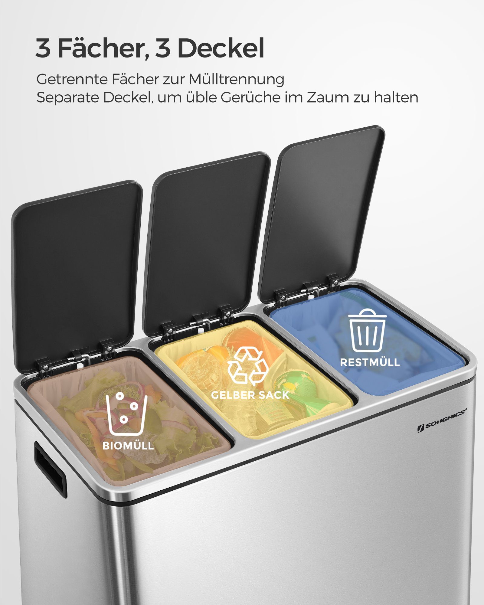 SONGMICS Mülleimer Mülltrennsystem, 3 x 18 L, ergonomisch, 3 Fächer, Küche