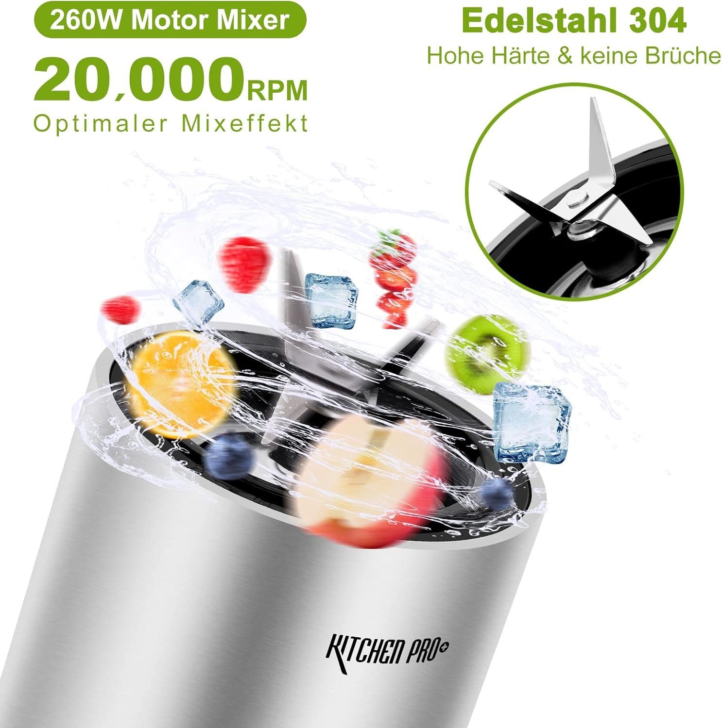 Kitchen Pro + Smoothie-Maker mit 2 To Go Flasche 260W Mixer Blender, 260,00 W, 304-Edelstahl, Leicht zu reinigen, 2 Tritan-Trinkflaschen
