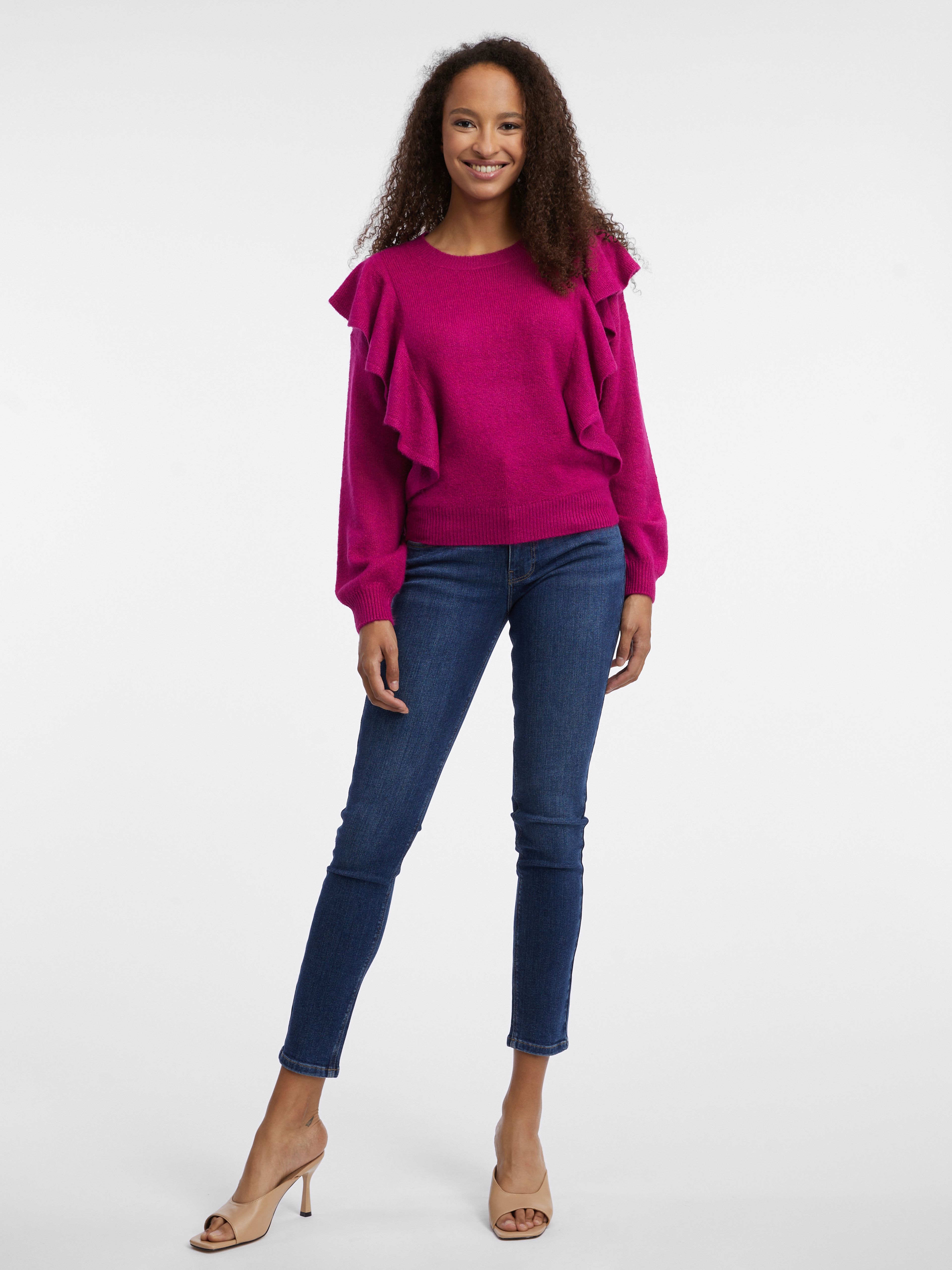 Dunkelrosa Damenpullover mit Rüschen ORSAY