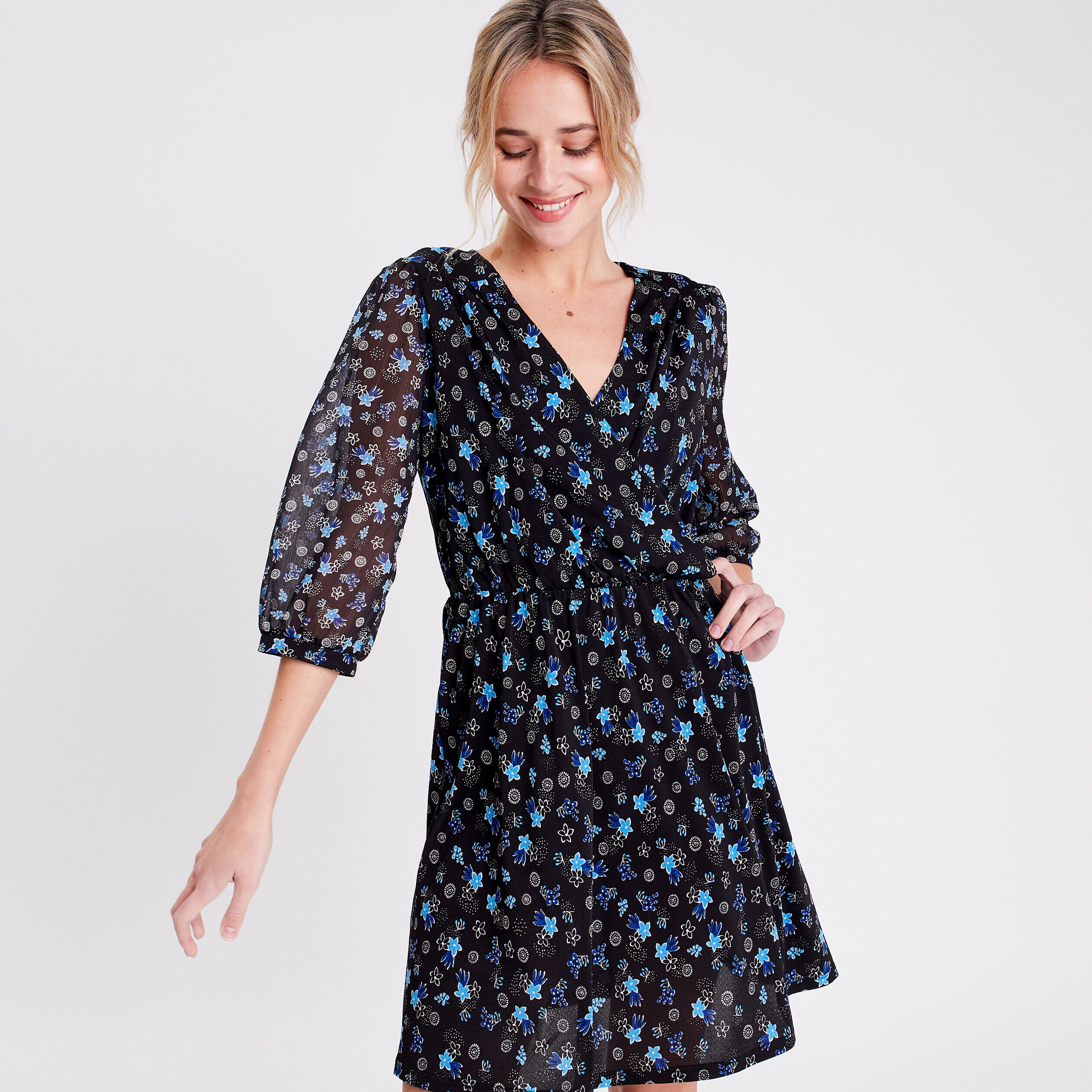 Robe évasée manches 3/4 noir femme | Cache Cache