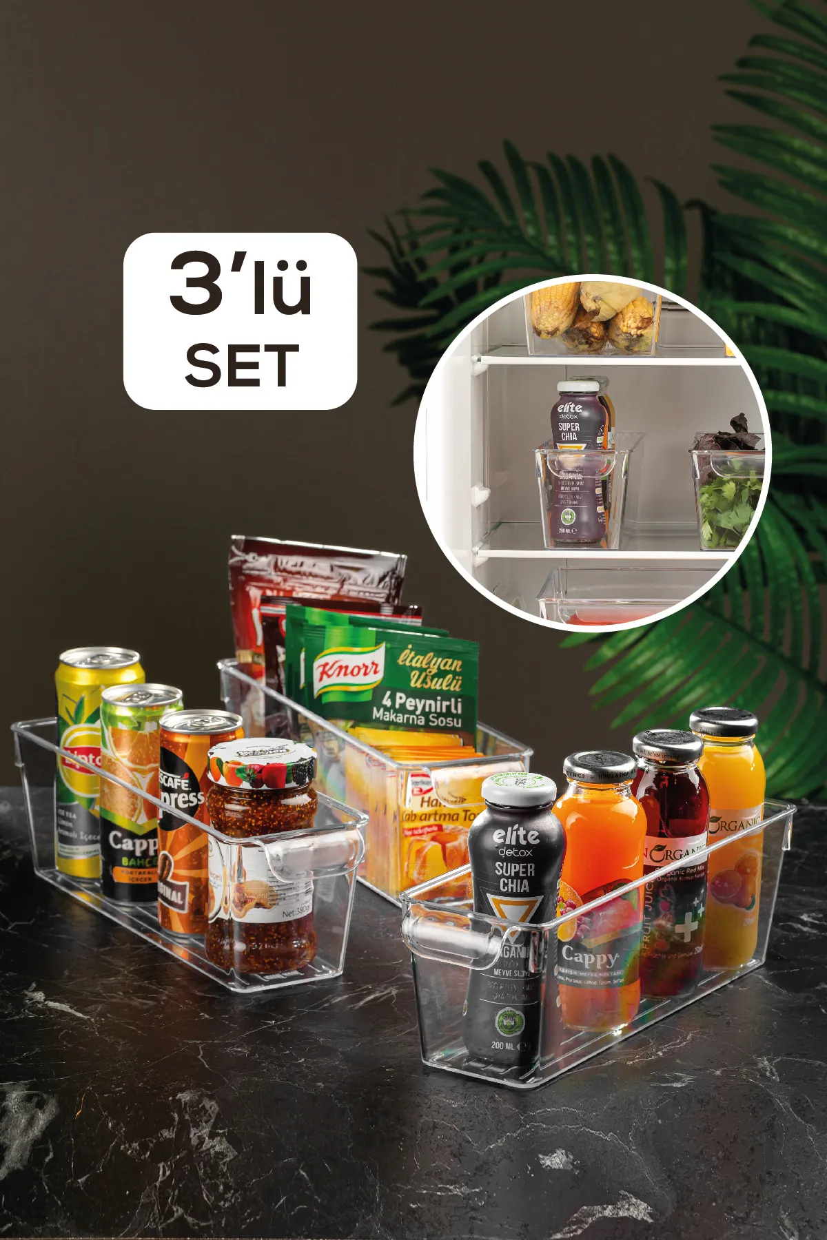 Meleni Home  3-teiliger Kühlschrank-Organizer – transparenter Kühlschrank-Organizer innen, 10 x 32,5 x 10 cm
