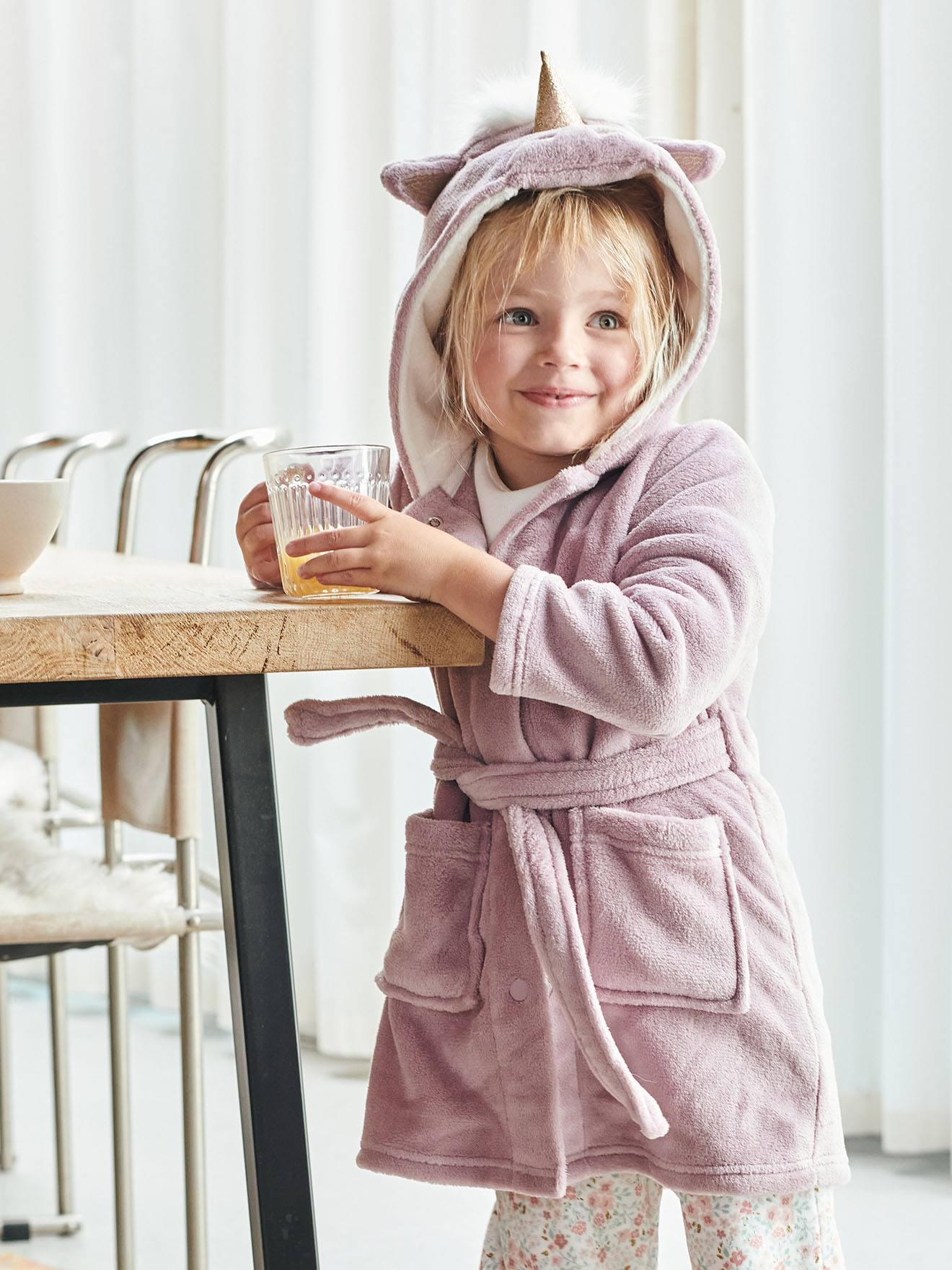 Robe de chambre licorne fille en maille peluche rose mauve