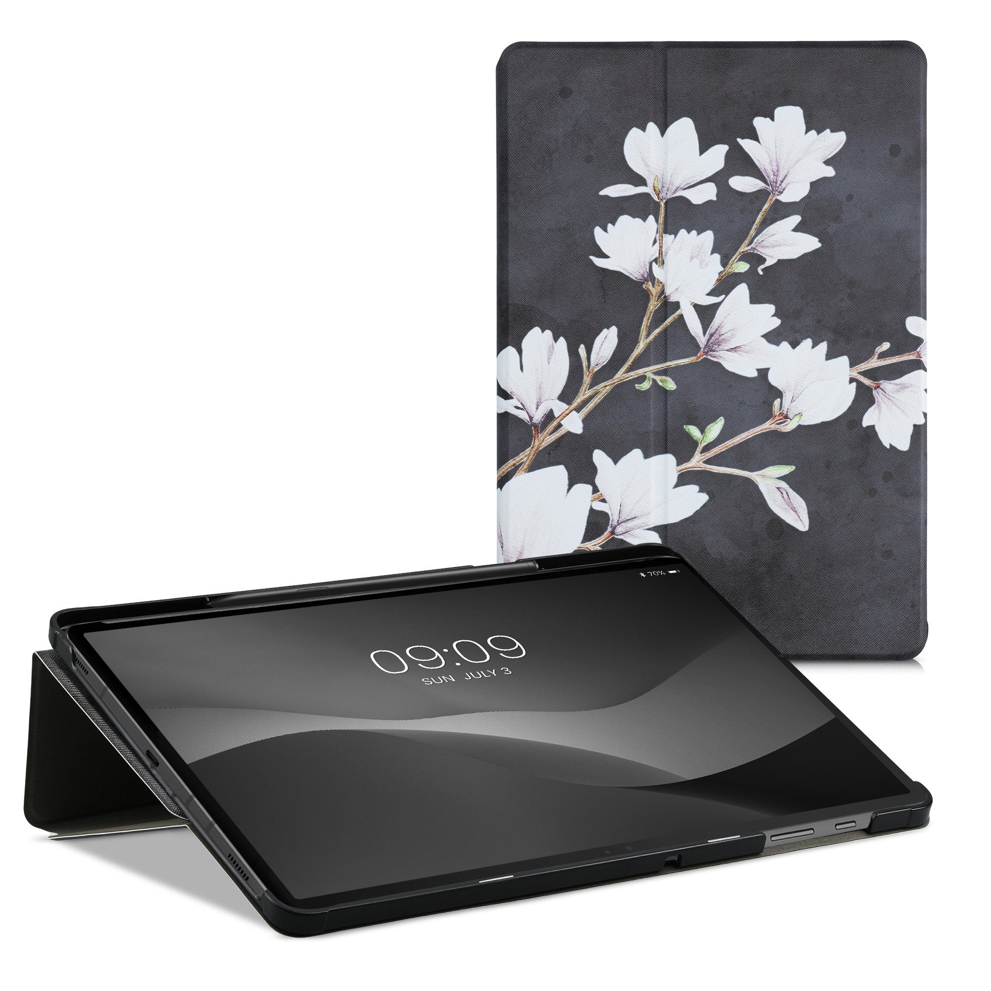 kwmobile Tablet-Hülle Hülle für Samsung Galaxy Tab S7 Plus / Tab S7 FE, Slim Tablet Cover Case Schutzhülle mit Ständer - Magnolien Design