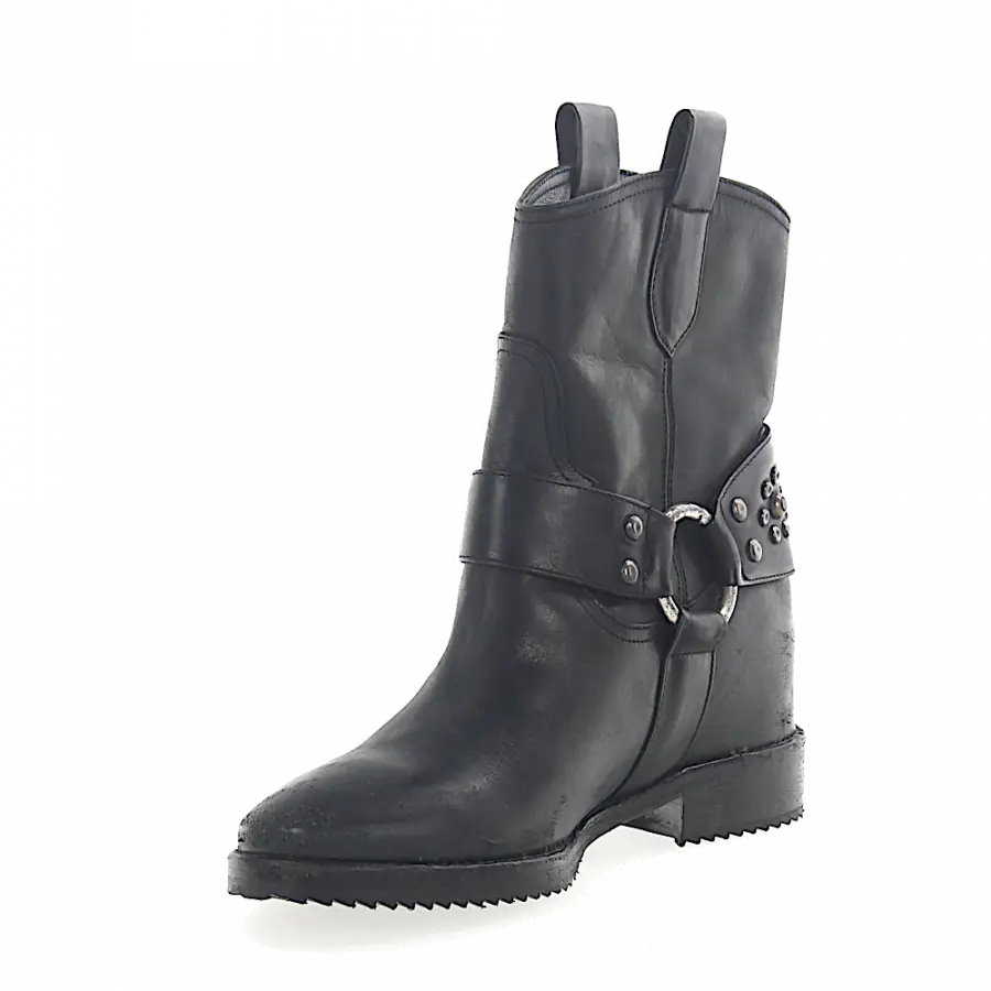 ROSS B. - Stiefeletten Kalbsleder Nieten Zierriemen schwarz - schwarz