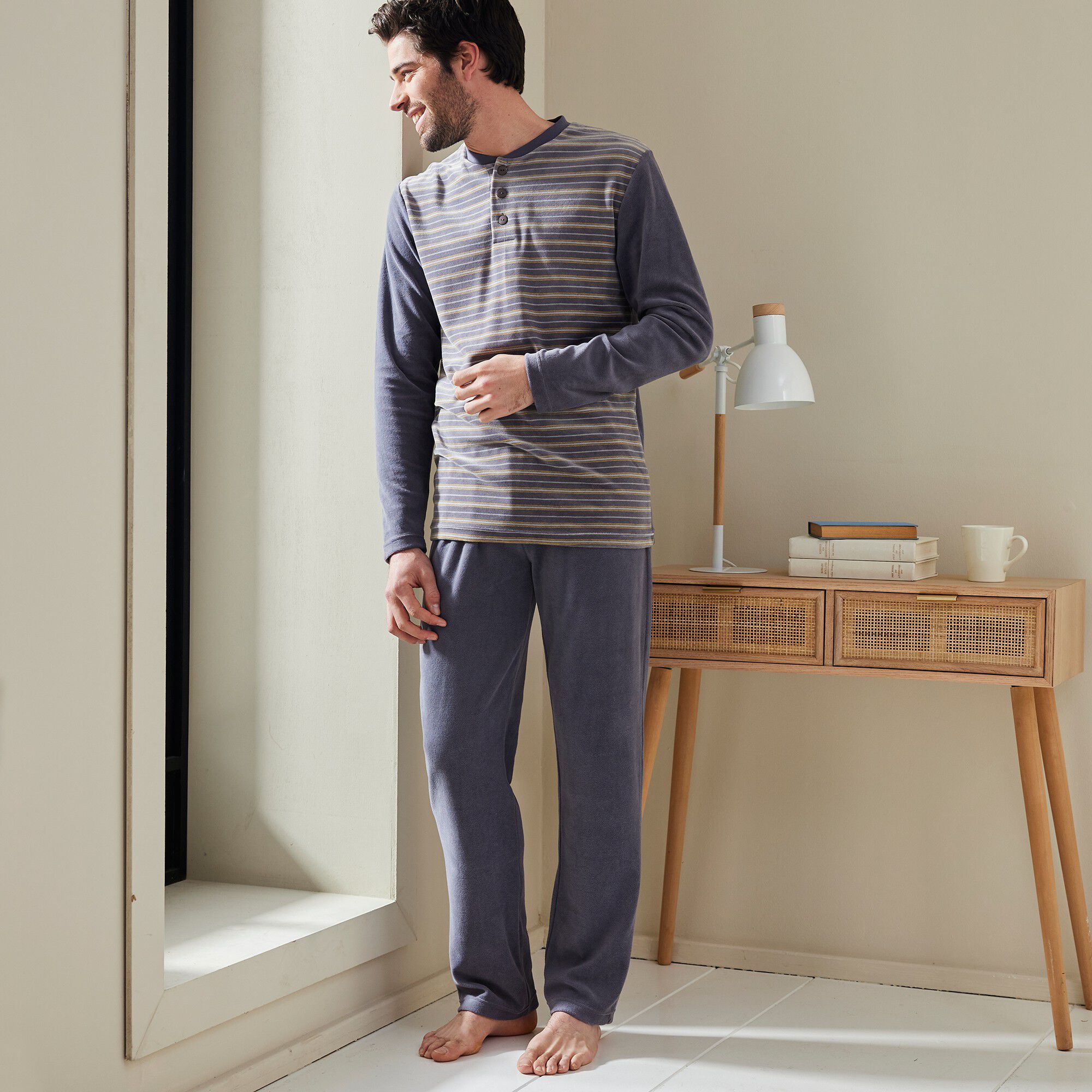 Pyjama pantalon rayé velours manches longues