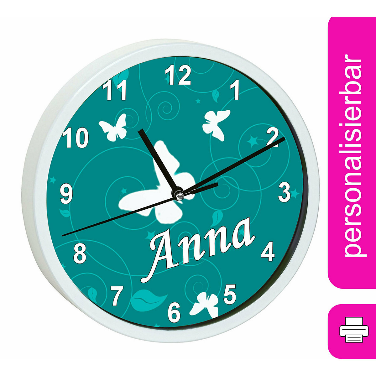 Kinder Wanduhr personalisiert mit Name Schmetterling Petrol