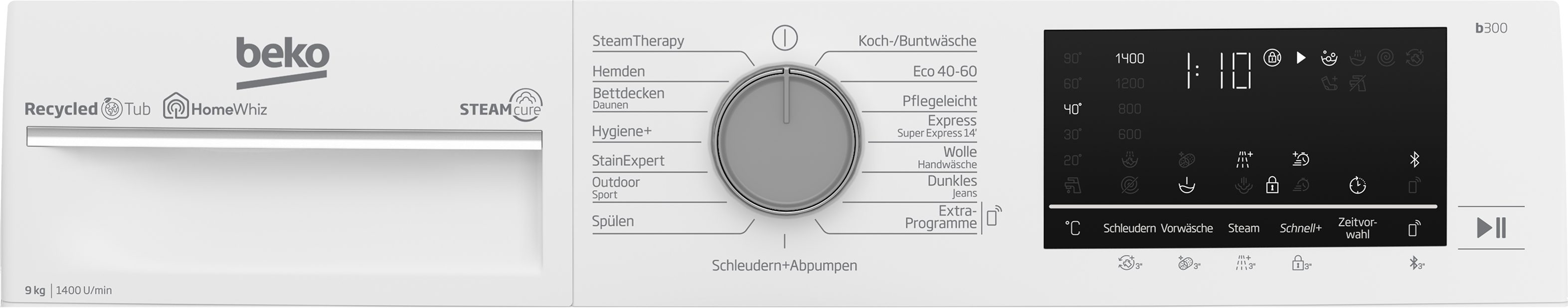 BEKO Waschmaschine b300 B3WFU59415W2, 9 kg, 1400 U/min, SteamCure - 99% allergenfrei