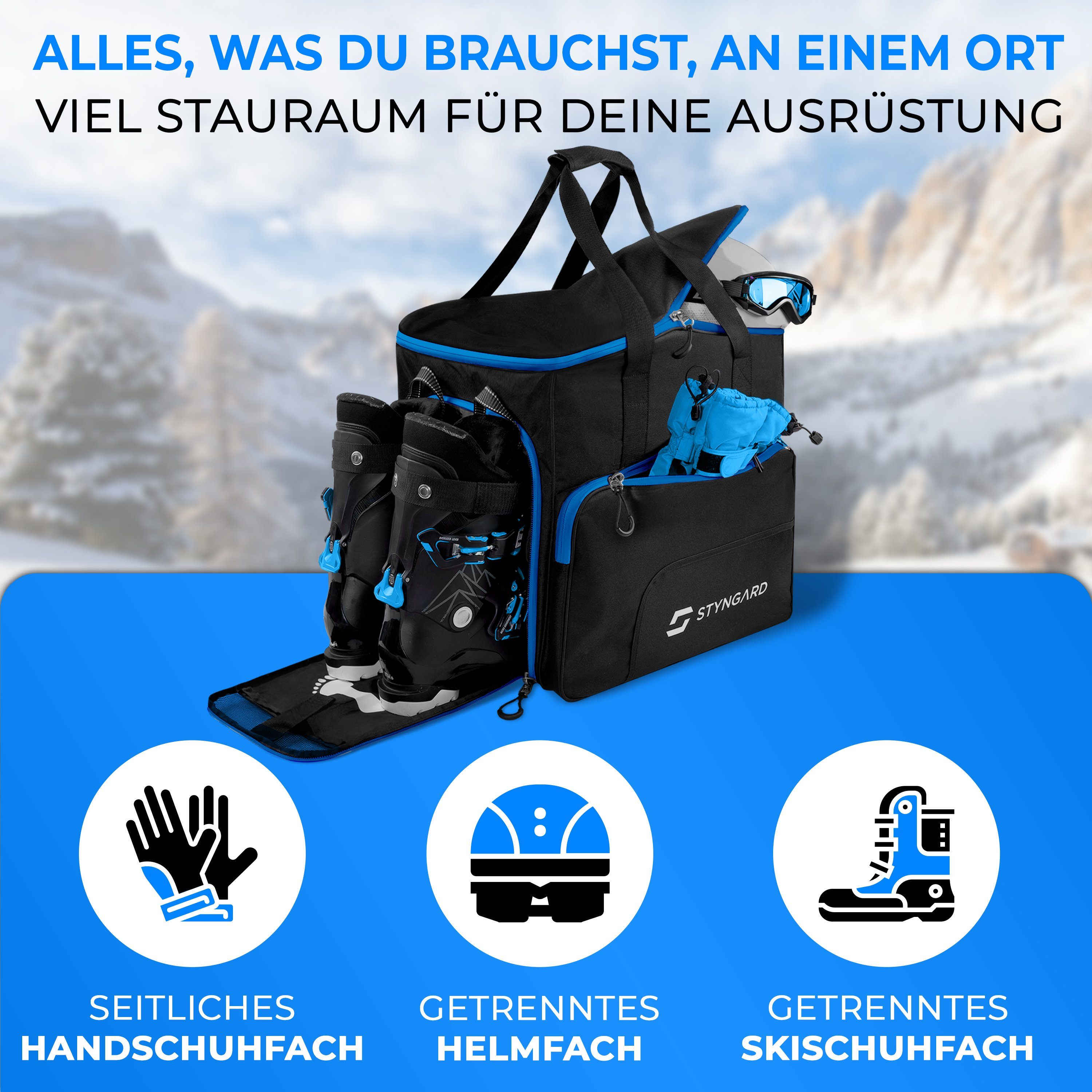 Styngard Sporttasche SÖLDEN (mit Rucksackfunktion), Skischuhtasche mit Helmfach und belüftetem Stiefelfach [54 L]