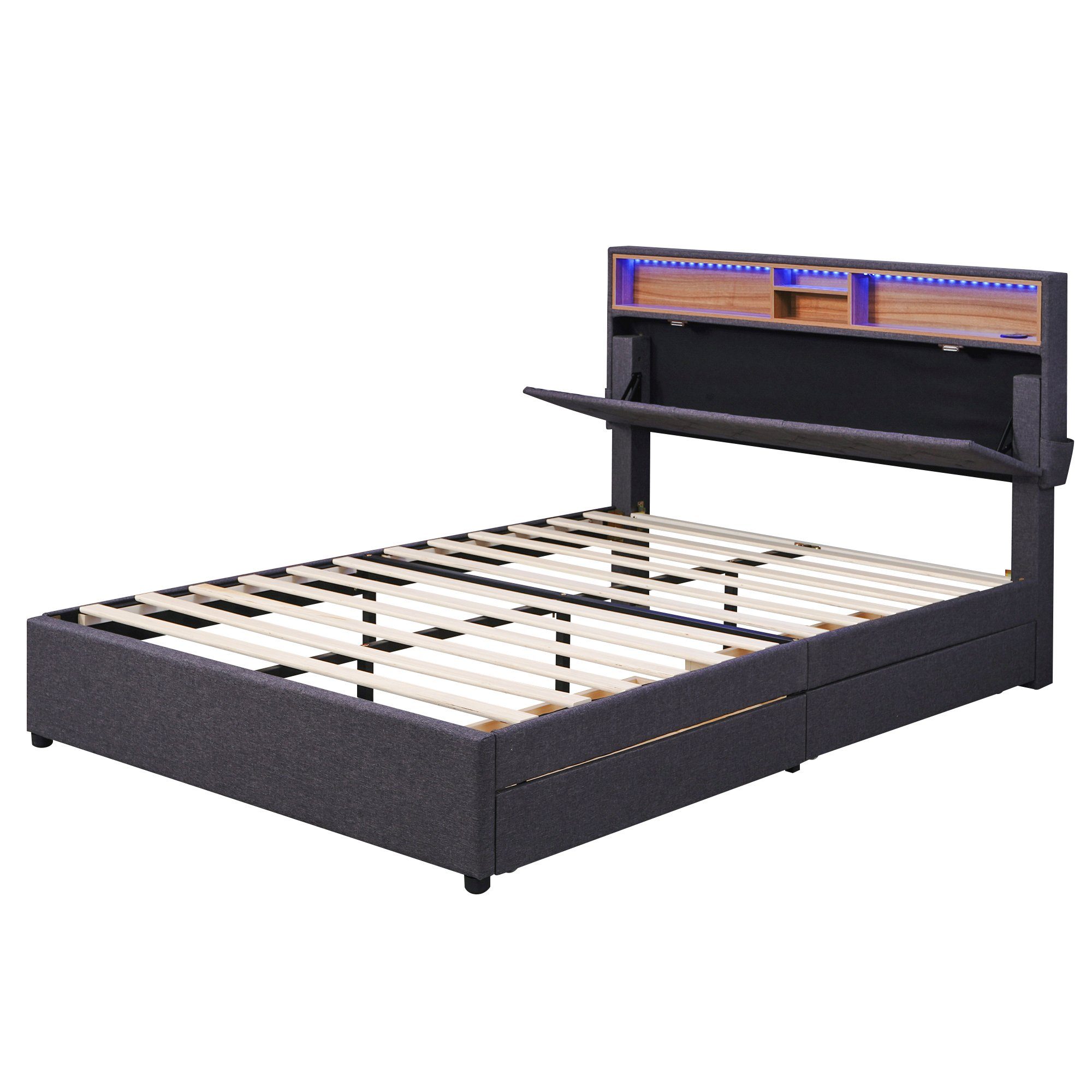 Flieks Polsterbett, LED Beleuchtung Doppelbett USB Steckdose 2 Schubladen 140x200cm Leinen