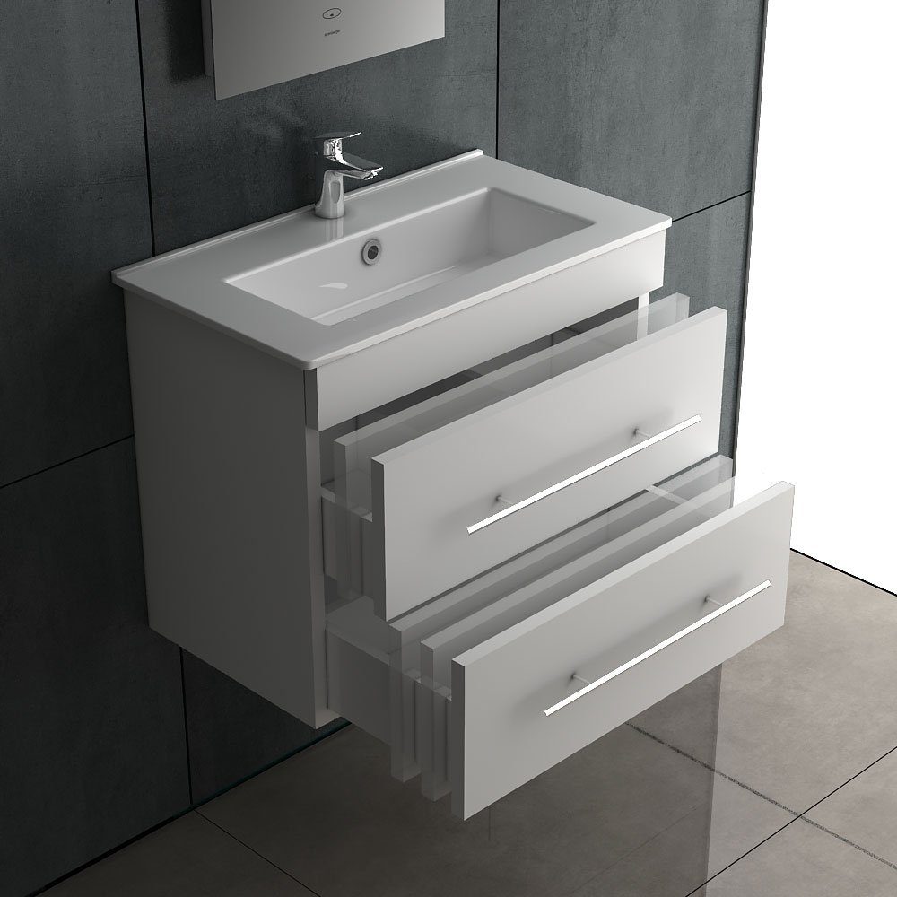 Alpenberger Waschbecken & Badunterschrank Weiß - Badmöbel Gäste WC mit Handwaschbecken (Vormontiertes Komplett-Set - Waschplätze, 2-St., 60cm Breit Waschtisch mit Keramikbecken), hygienisch durch Lotuseffekt, Soft-Close Schubladen