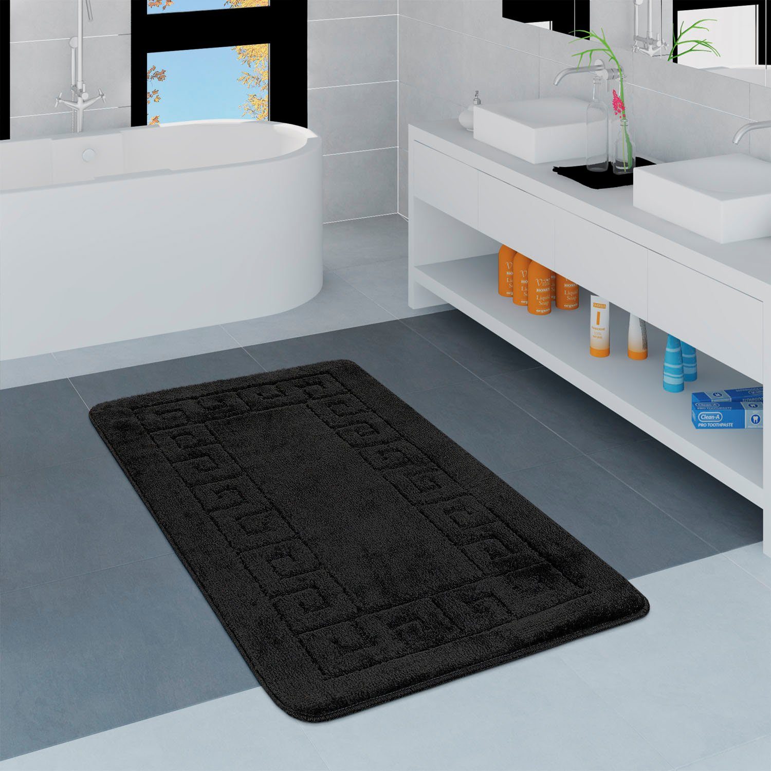 Badematte Riga 186 Paco Home, Höhe 15 mm, rutschhemmend beschichtet, fußbodenheizungsgeeignet, Polypropylen, rechteckig, Badteppich, Uni Farben, mit Bordüre, rechteckig & rund erhältlich