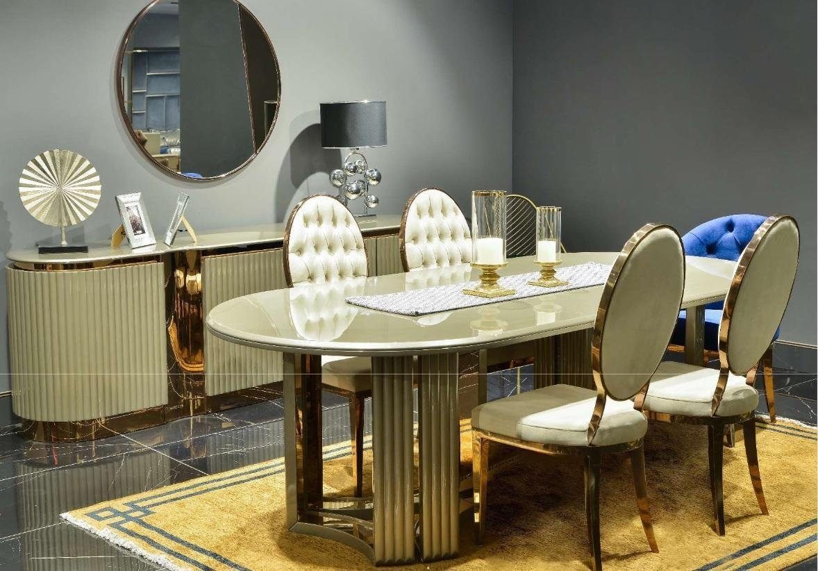 JVmoebel Essgruppe Luxus Esszimmer Essgruppe Essecke Esstisch Stühle Beige Set 9tlg Holz, (9-tlg., Esstisch / 6x Stühle / Sideboard / Spiegel), Made in Europa