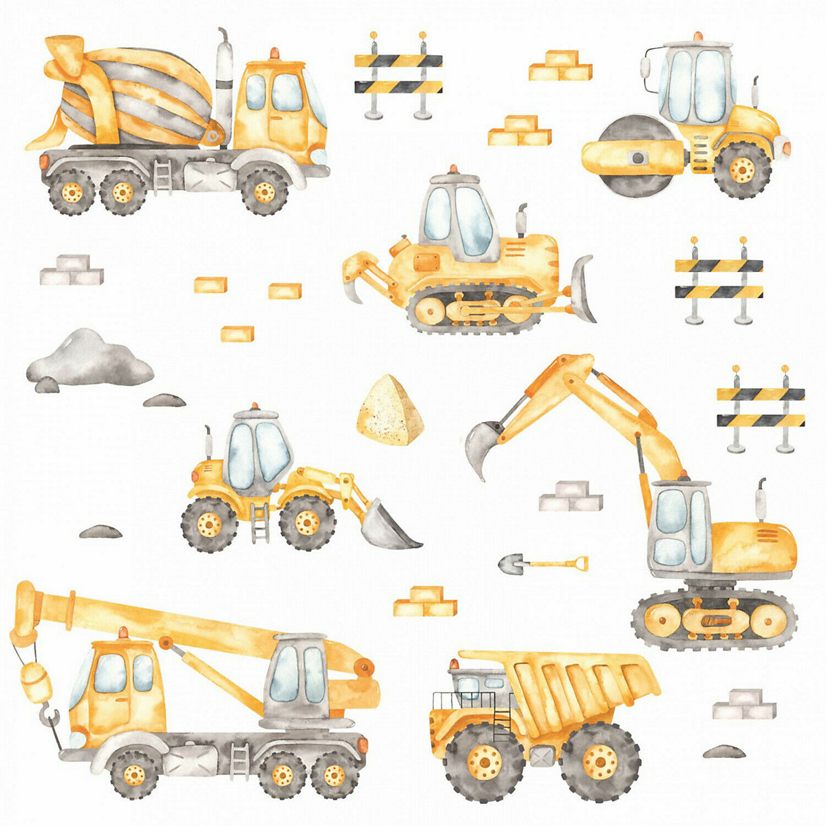 Wandtattoo 206 Baustelle Aquarell - Fahrzeuge Bagger Autokran in 6 vers. Größen Wandtattoos