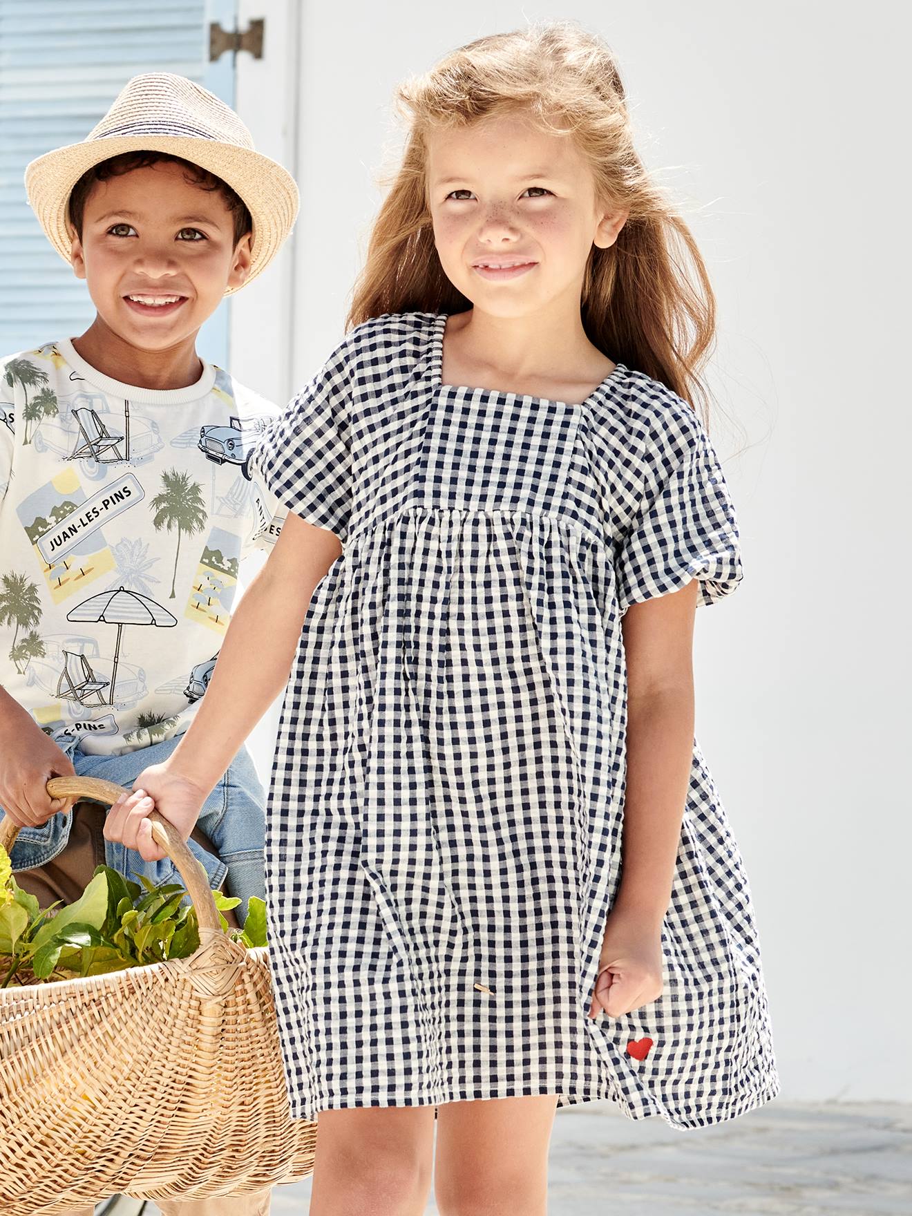 Robe à carreaux vichy fille manche boules carreaux marine
