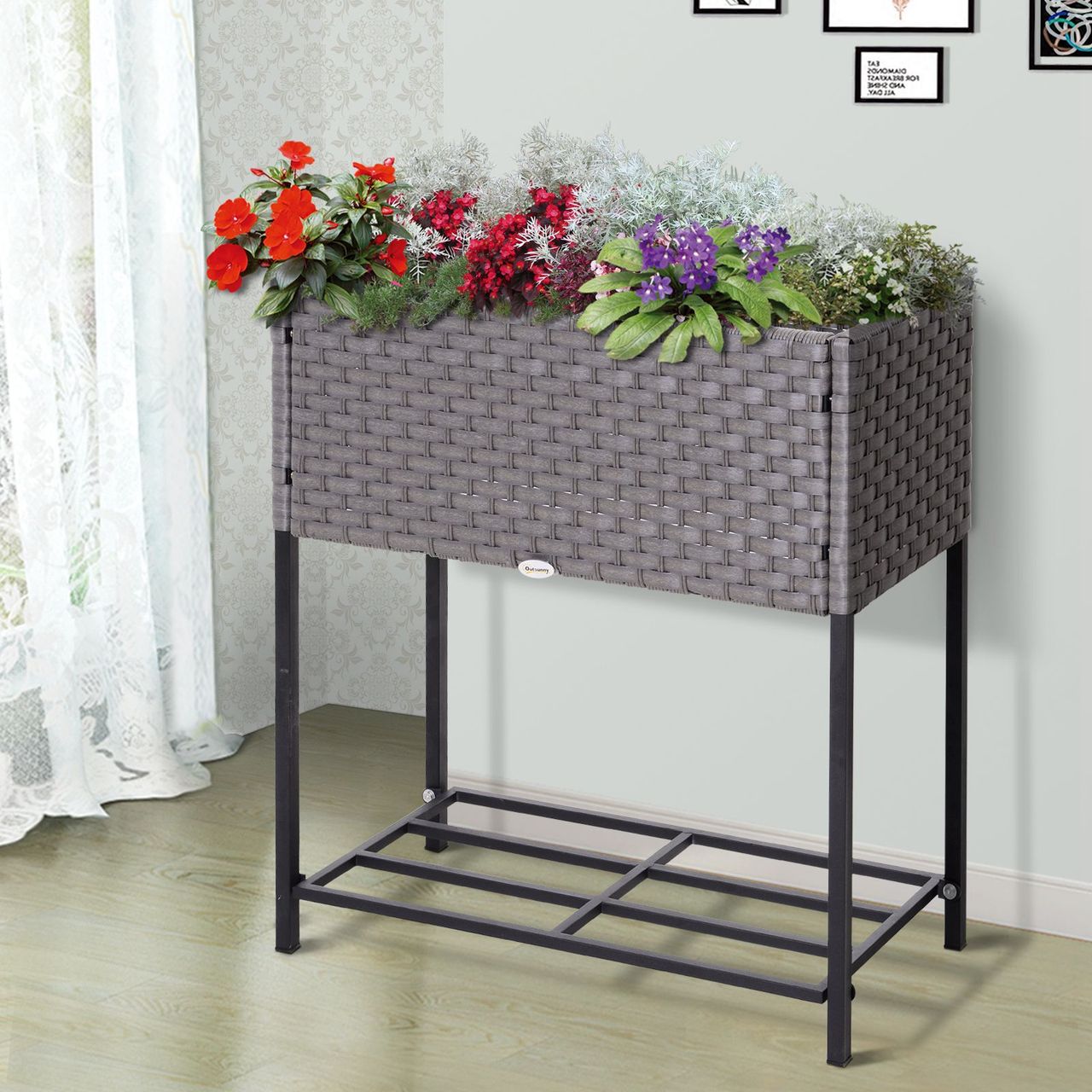 Outsunny Poly Rattan Hochbeet Blumentopf Blumenkasten mit Füßen mit Ablage